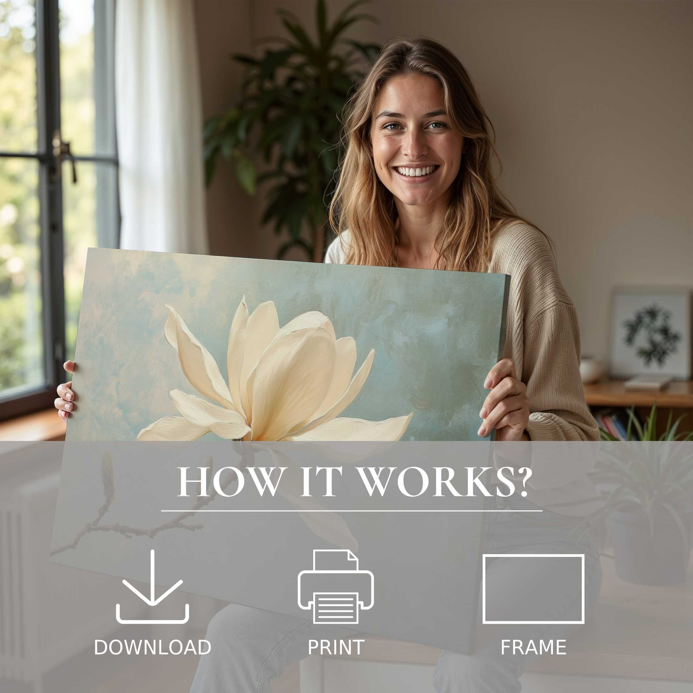 A serene moment of joyful connection with spring digital art print, blending soft neutrals and calming blues in a modern home