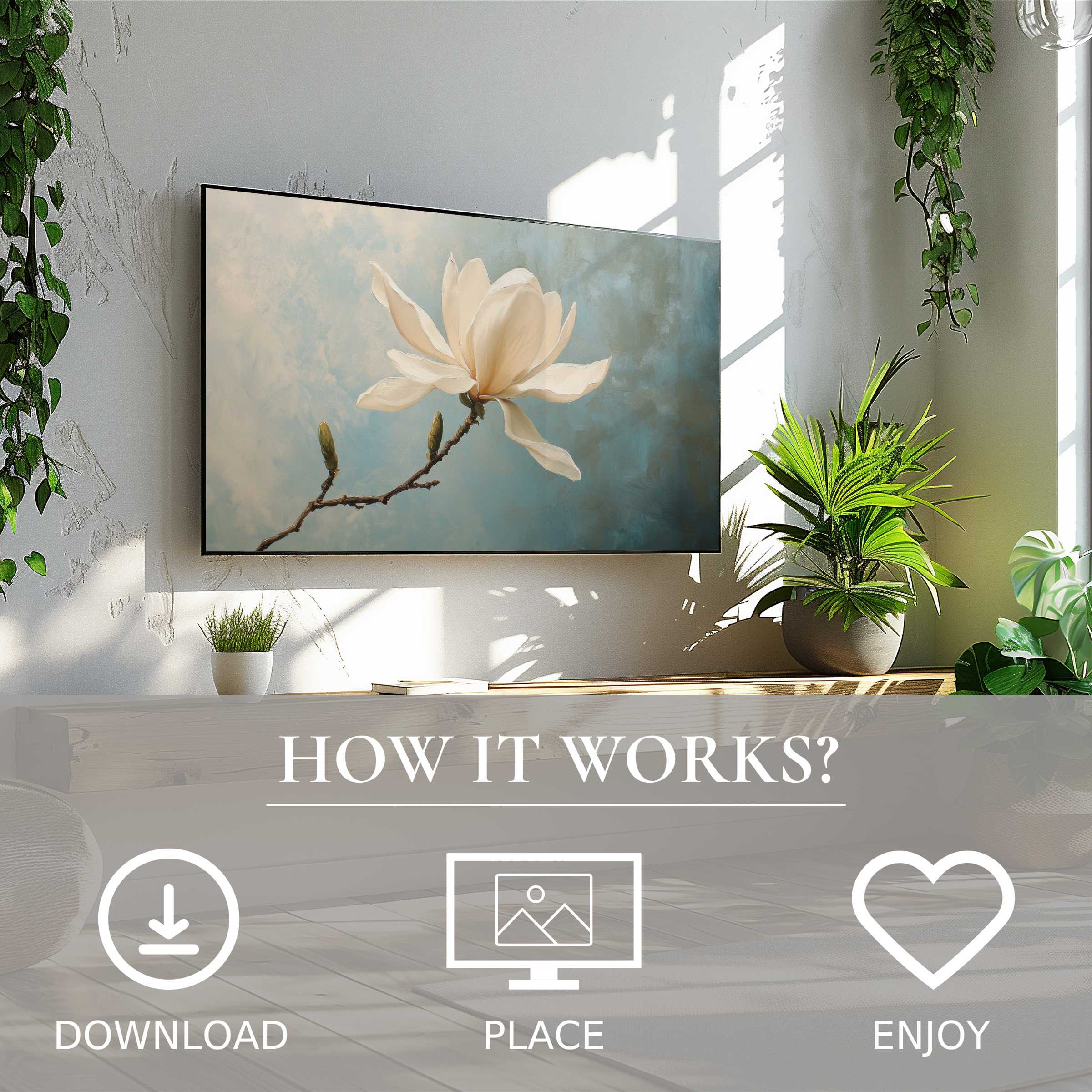Spring art for Samsung TV showing soft cream flower motif, easy digital download enriches modern, plant-filled living spaces
