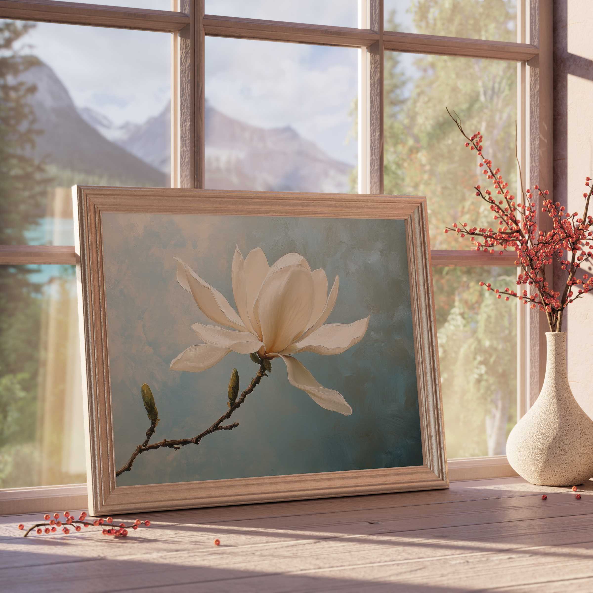 Elegant spring downloadable art featuring a serene magnolia bloom, enriching tranquil, curated interiors with timeless botanical beauty