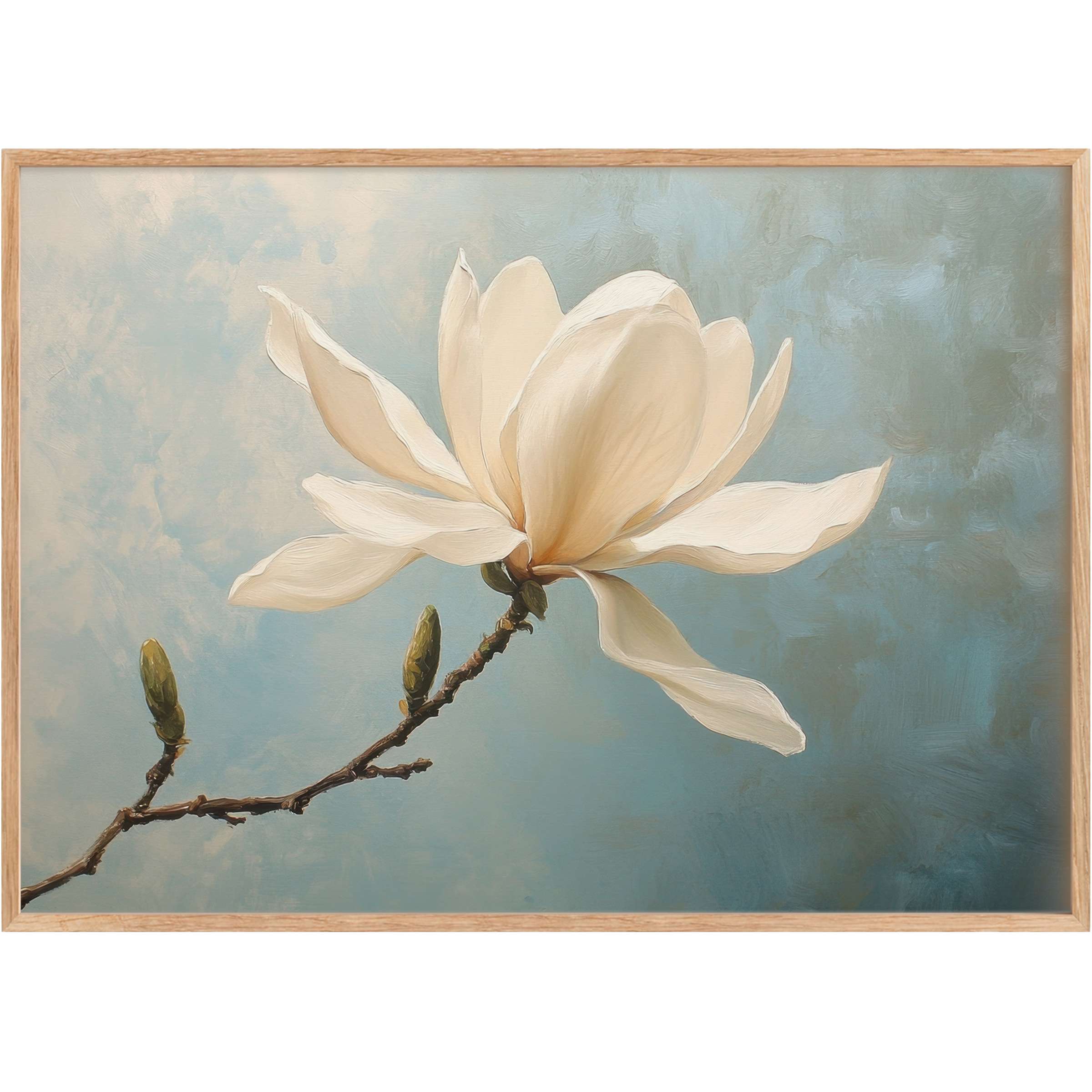 Elegant spring printable wall art featuring a creamy magnolia bloom against a serene blue backdrop, evoking calm renewal