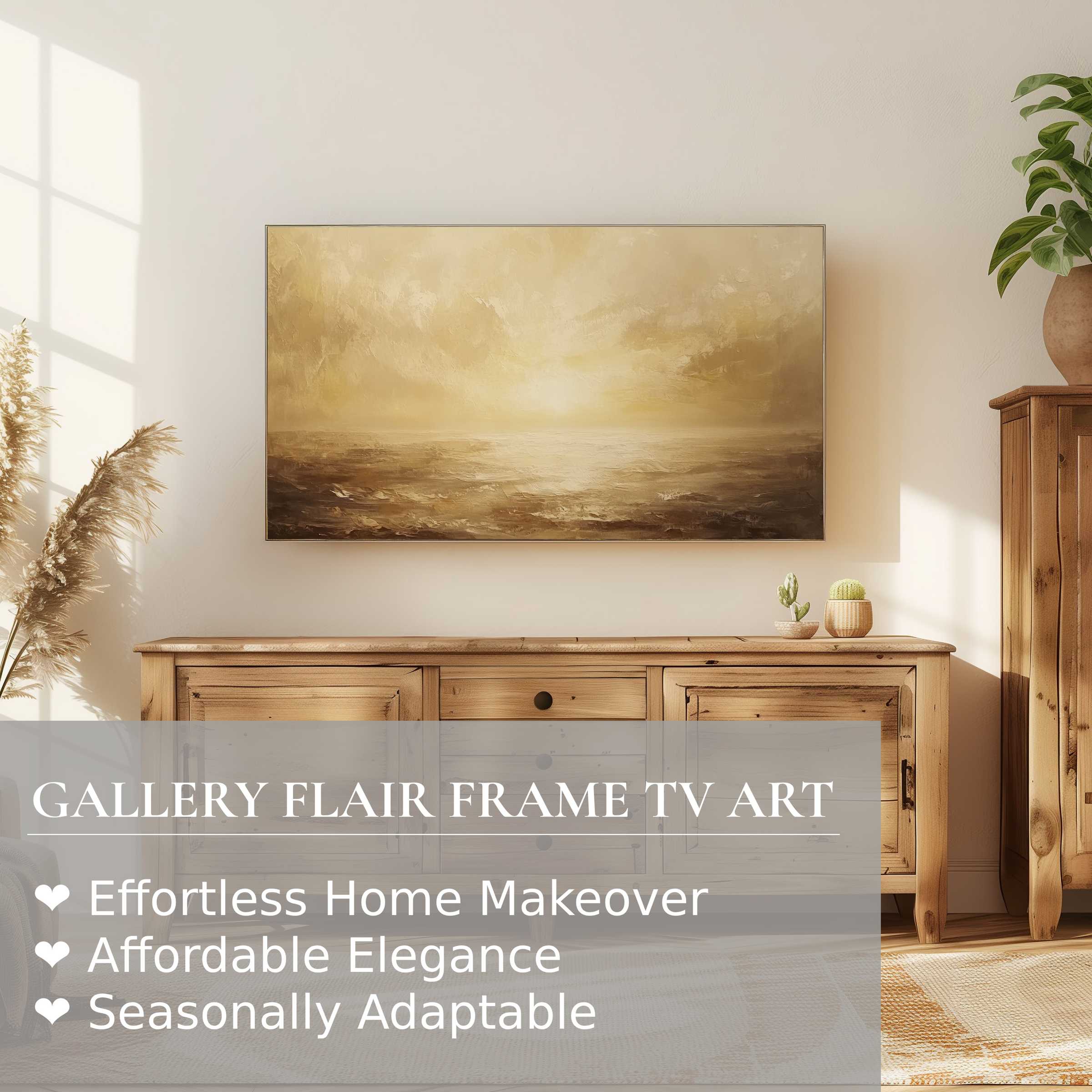Samsung Frame TV displaying warm-toned, serene landscape digital artwork, enhancing modern, elegant home decor settings