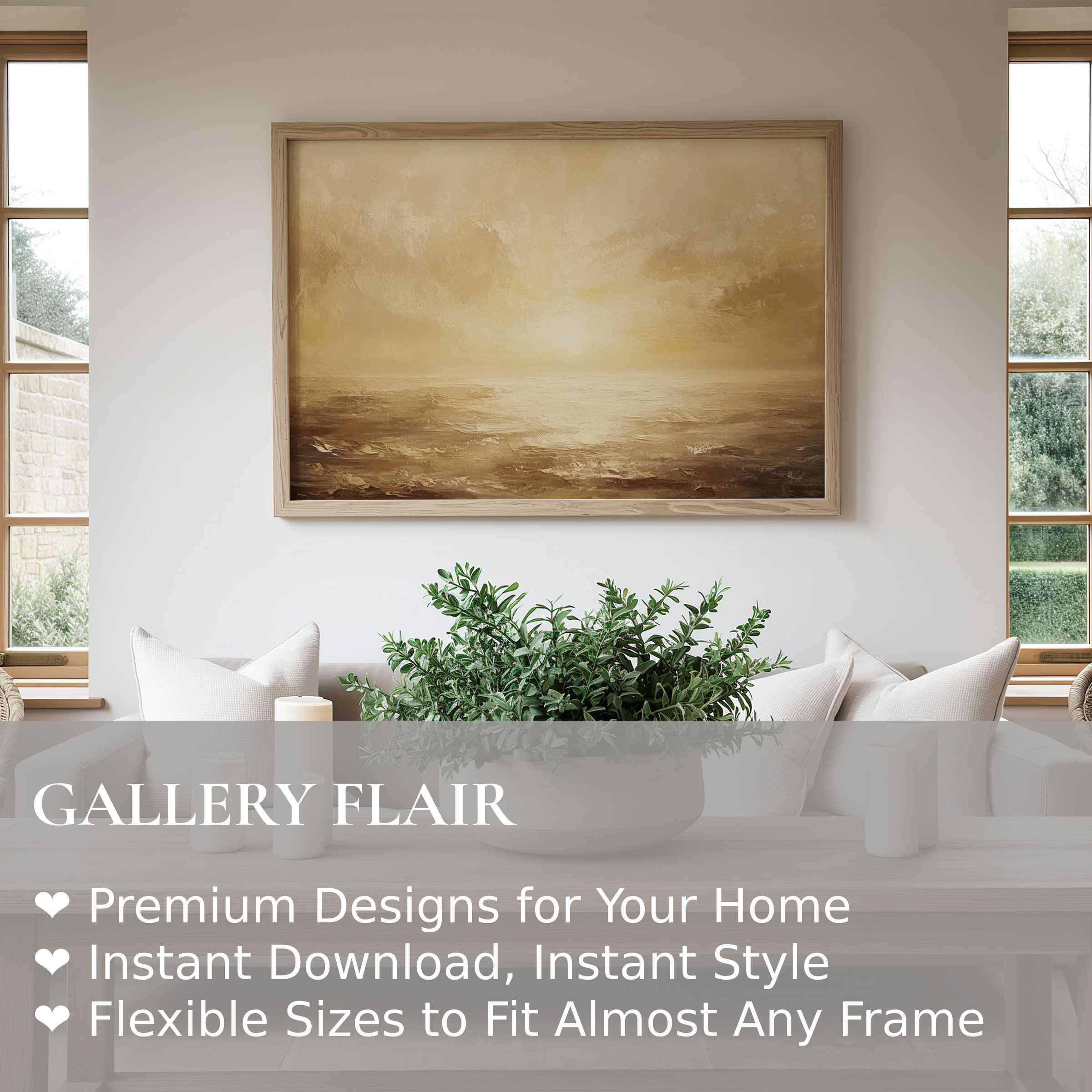 Serene landscape wall art print in warm, golden hues enhances modern farmhouse interiors with calming, radiant coastal elegance