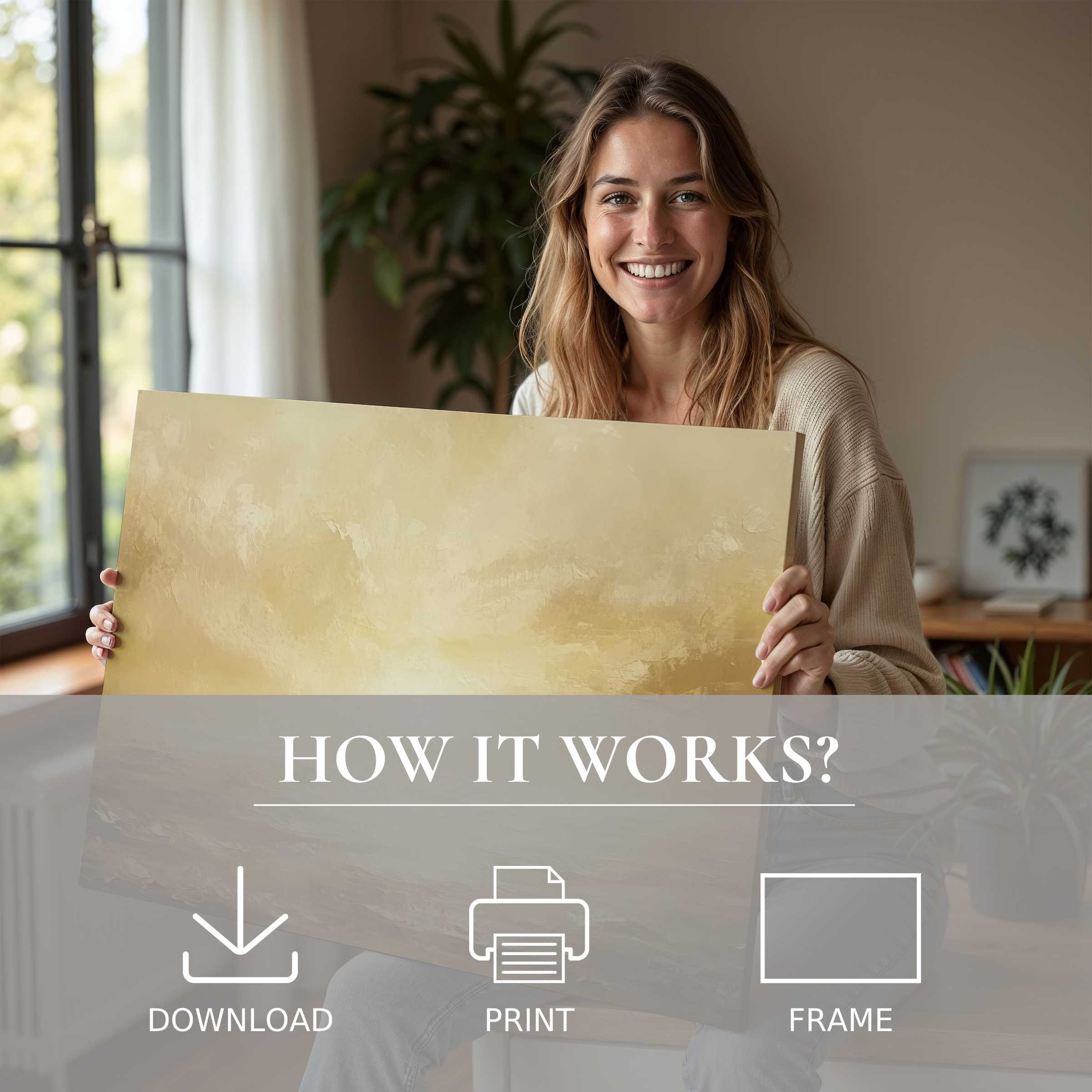 Bright landscape digital art print held by woman in elegant, sunlit home, embodying seamless joy and effortless style