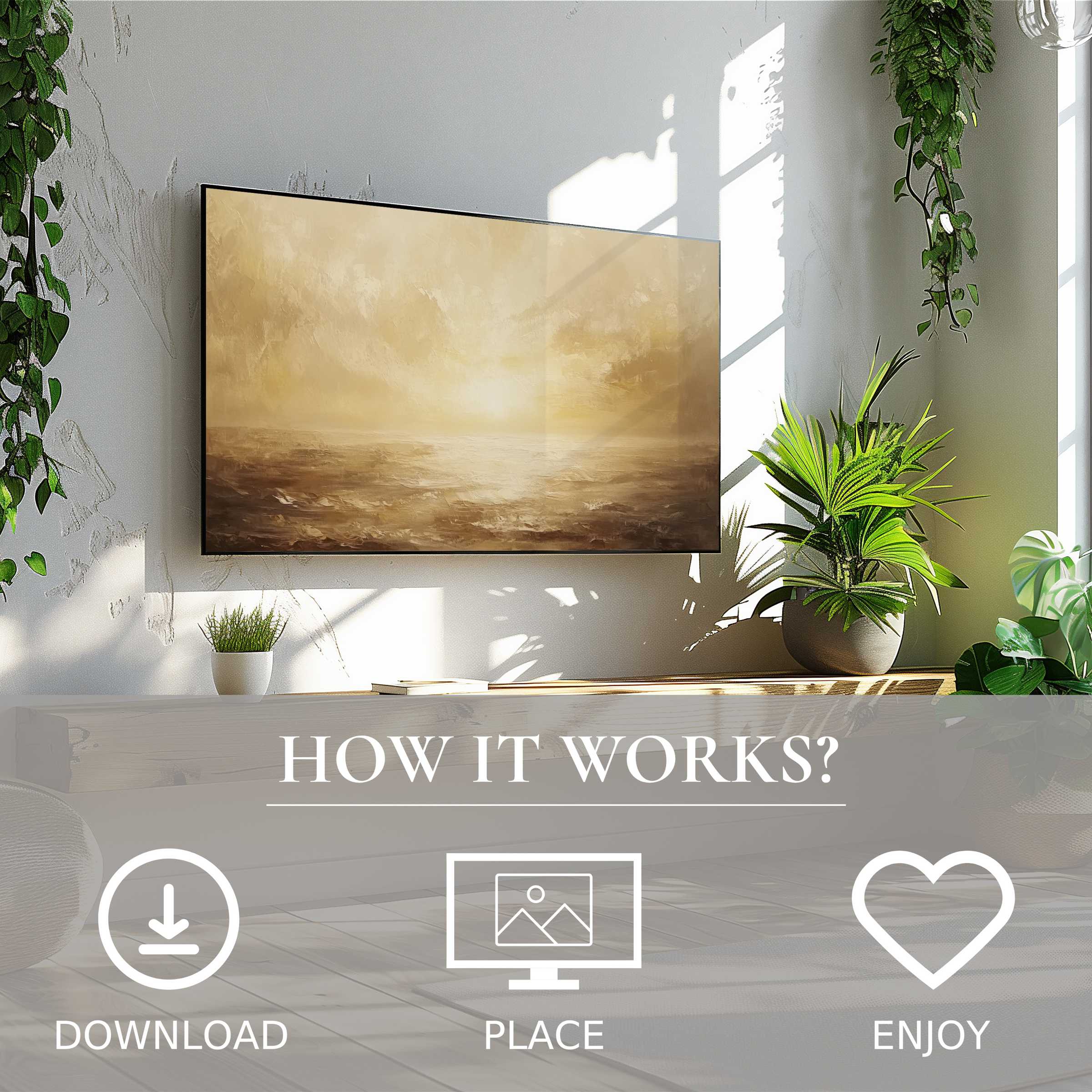 Minimalist living room with landscape art for Samsung TV, featuring soft sunset tones, easy digital download