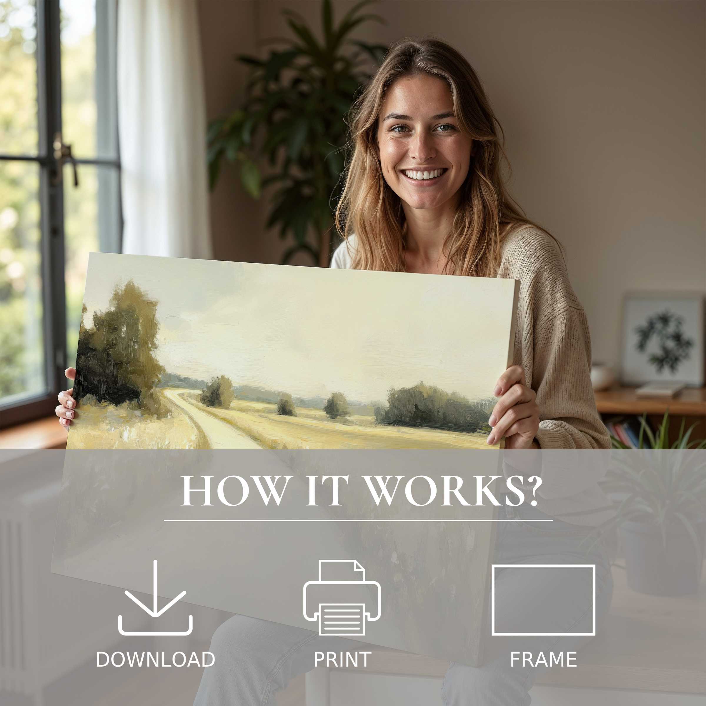 Woman in a sunlit modern home sharing a vintage digital art print, evoking serene joy and effortless elegance with abstract landscape