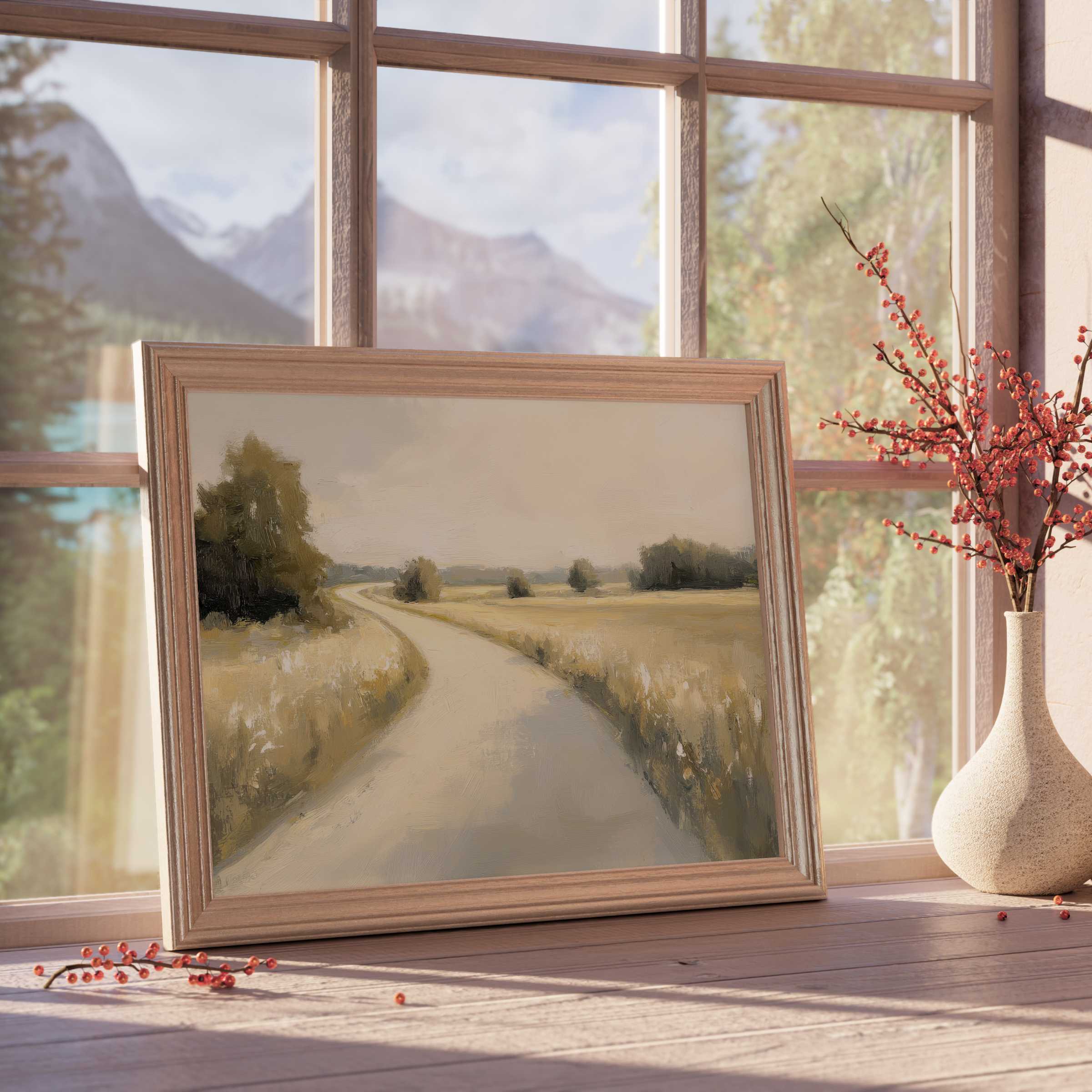 Vintage downloadable art of a serene winding country path, framed in warm wood to elevate tranquil, curated interiors