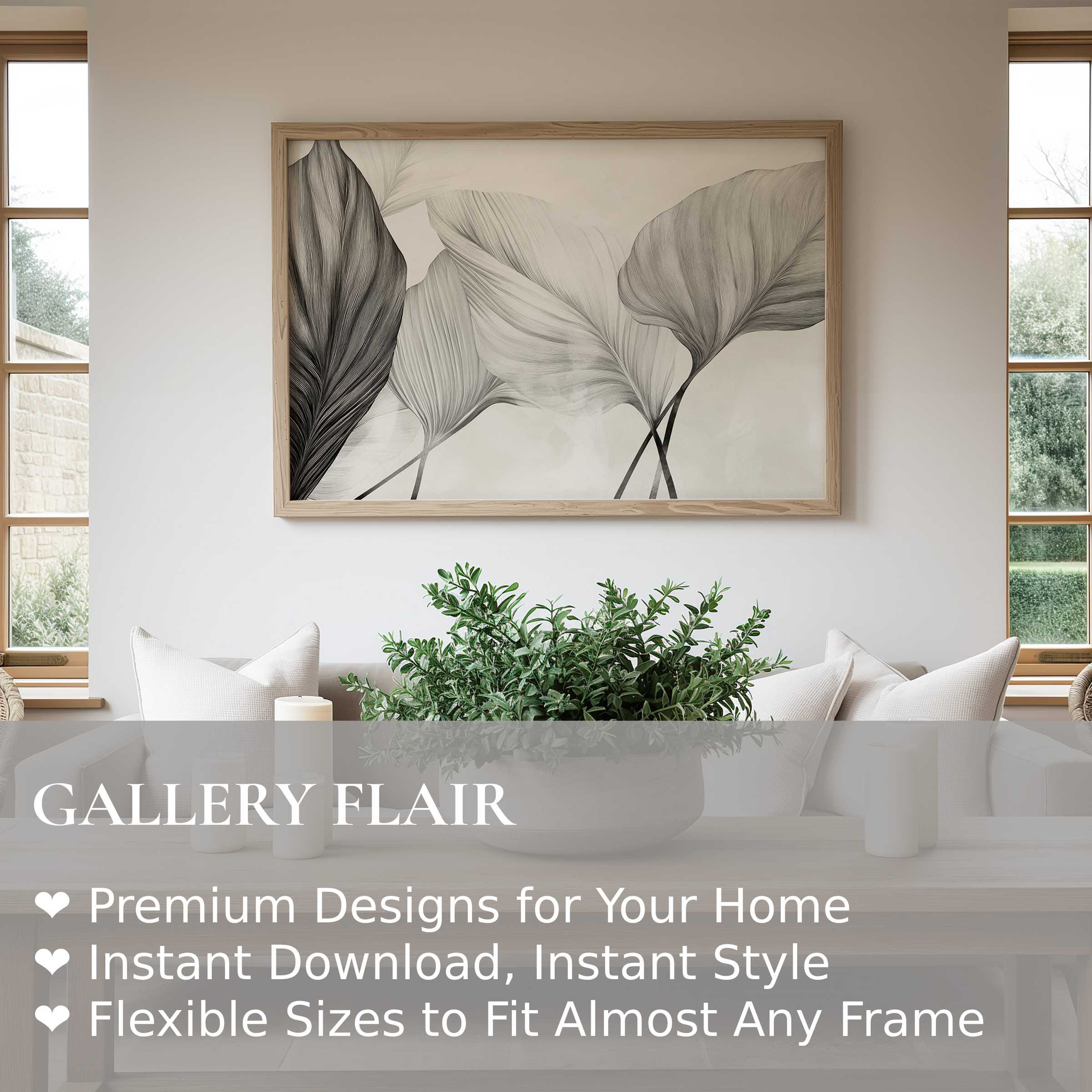 Elegant neutral wall art print featuring soft, flowing botanical leaves in muted tones, enhancing serene modern decor with a calming, sophisticated ambiance