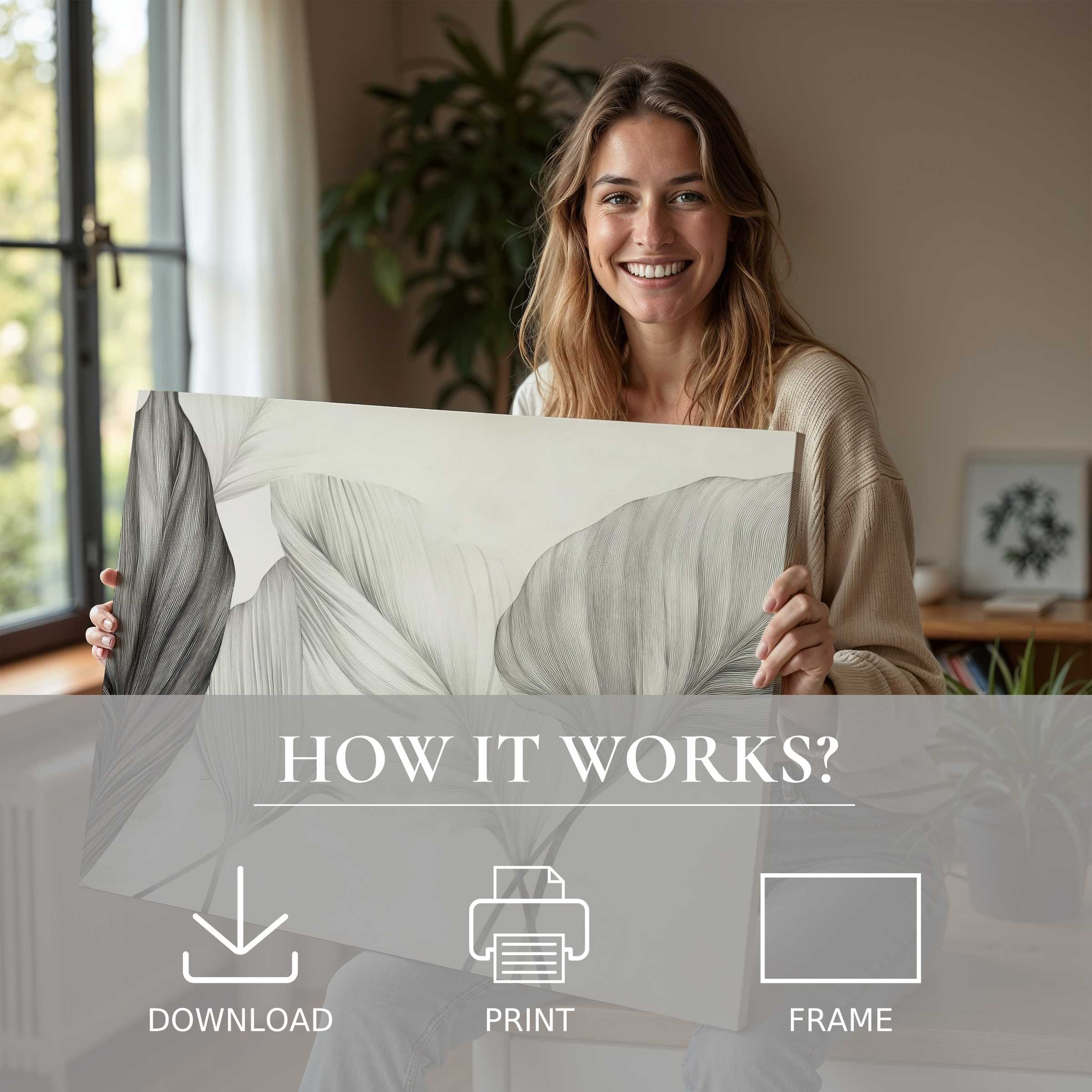 A woman radiates warmth in her stylish home, embracing a neutral digital art print that brings serene beauty and effortless joy