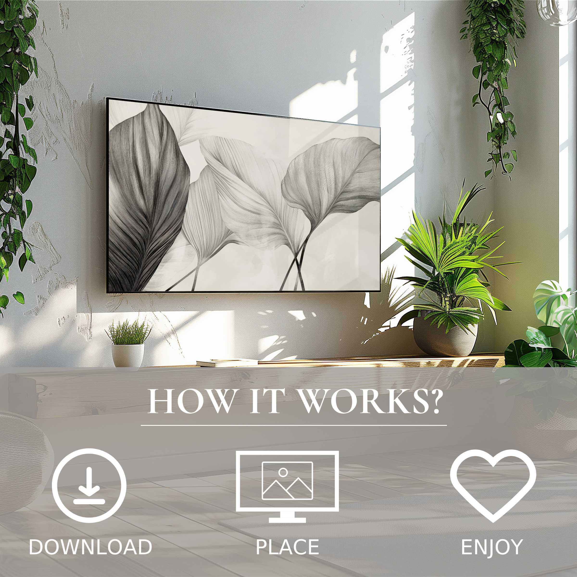 Neutral art for Samsung TV featuring soft gray leaf motifs, easy digital download enriching modern living spaces