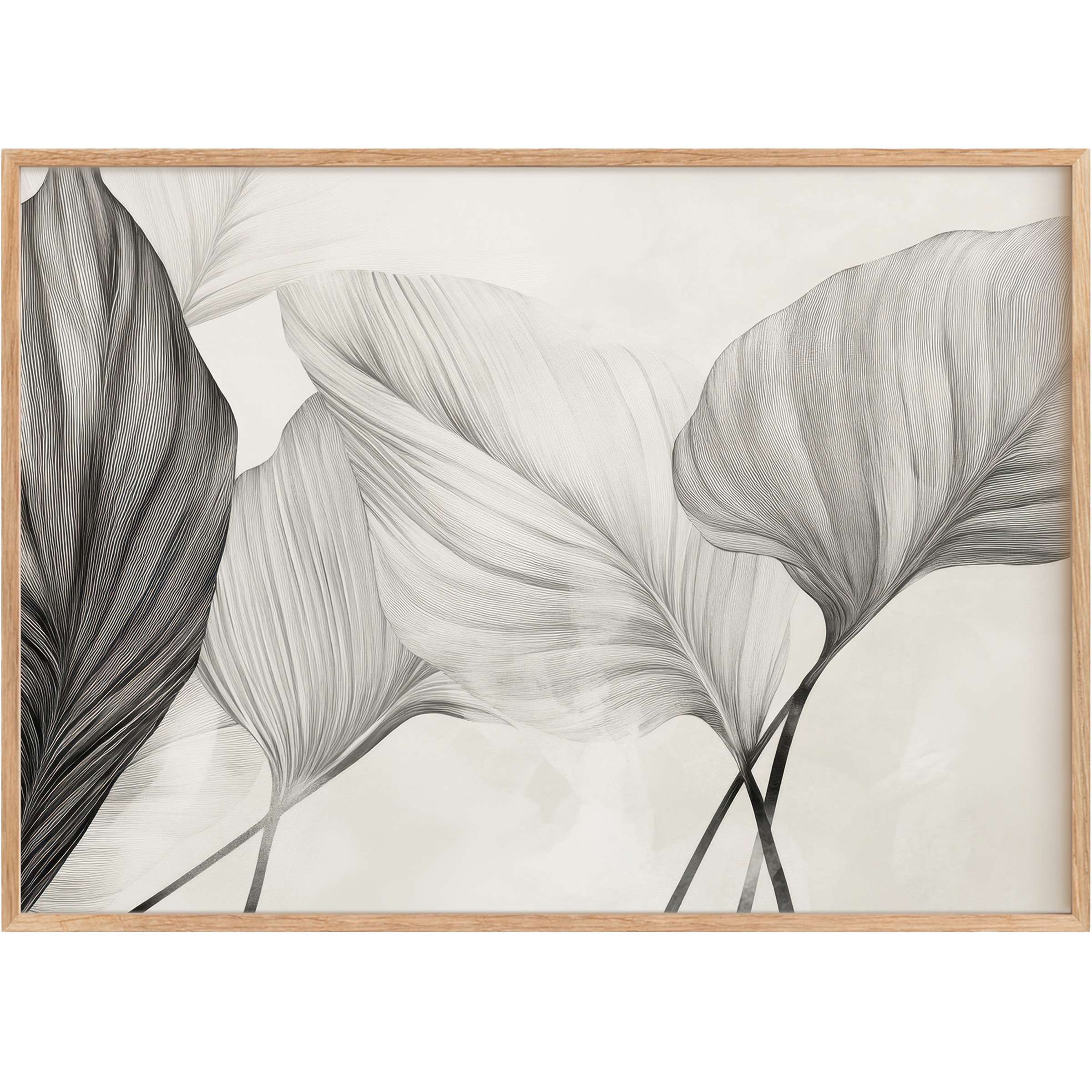 Elegant neutral printable wall art featuring delicate, flowing botanical leaves in soft grays and taupes, creating a serene, sophisticated ambiance