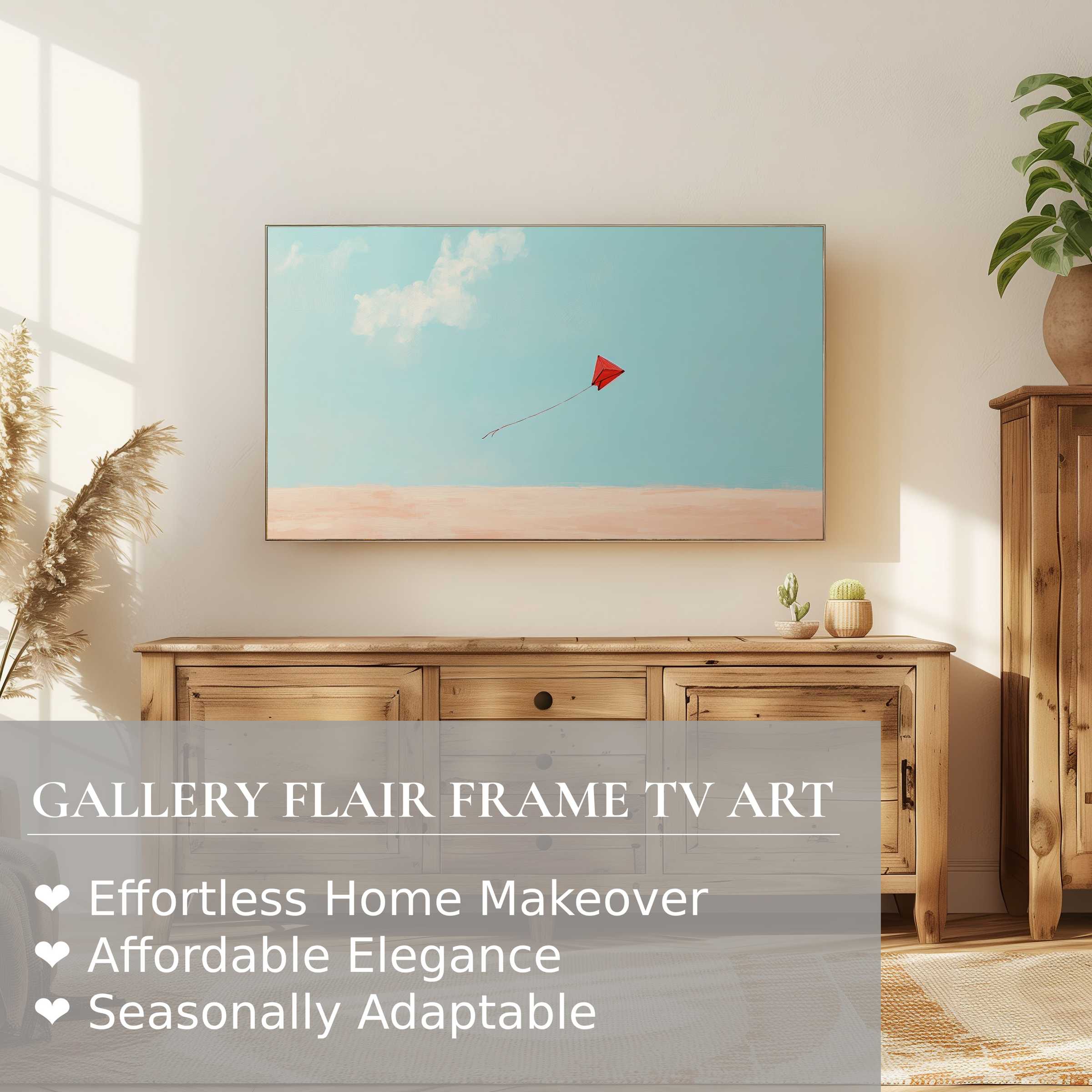 Samsung Frame TV displays minimalist digital artwork of a red kite in blue sky, enhancing modern, elegant home decor