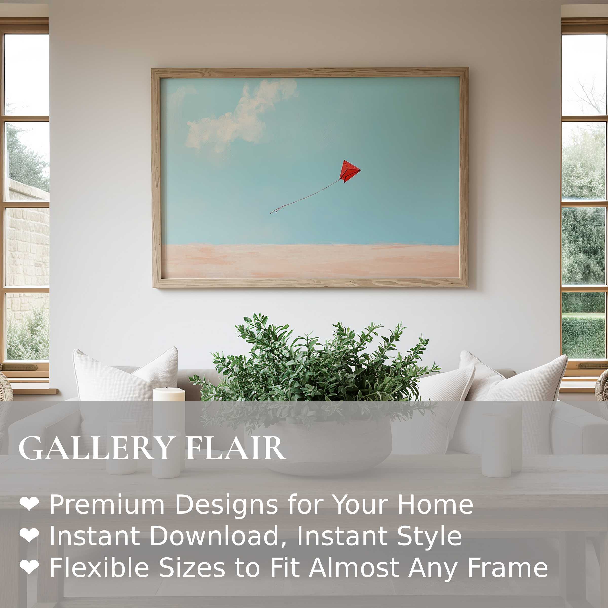 Minimalist wall art print featuring a serene sky and red kite, adding a soft, calming touch to modern, natural interiors