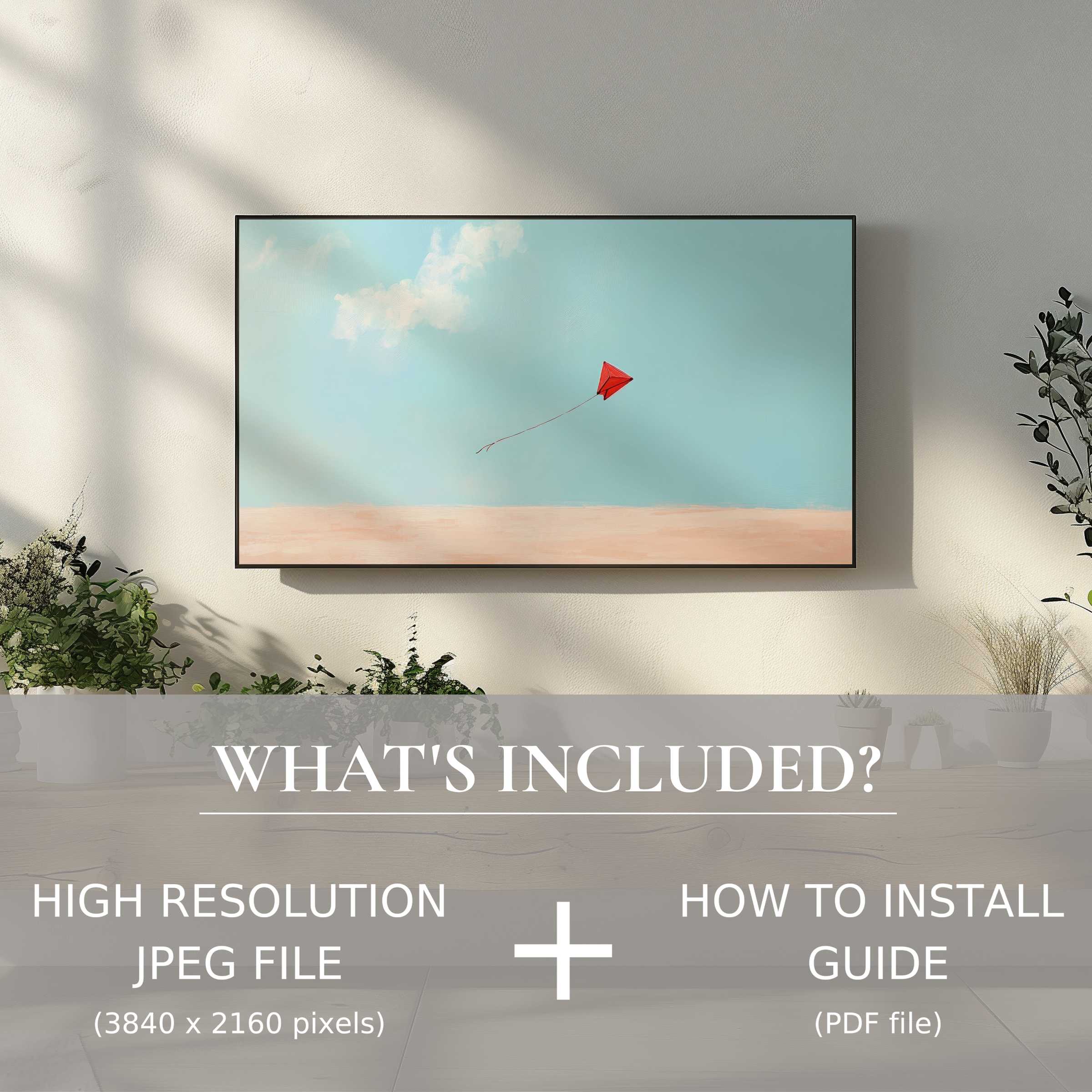 Elegant minimalist digital TV art download featuring a serene kite scene, enhancing living space with easy digital use