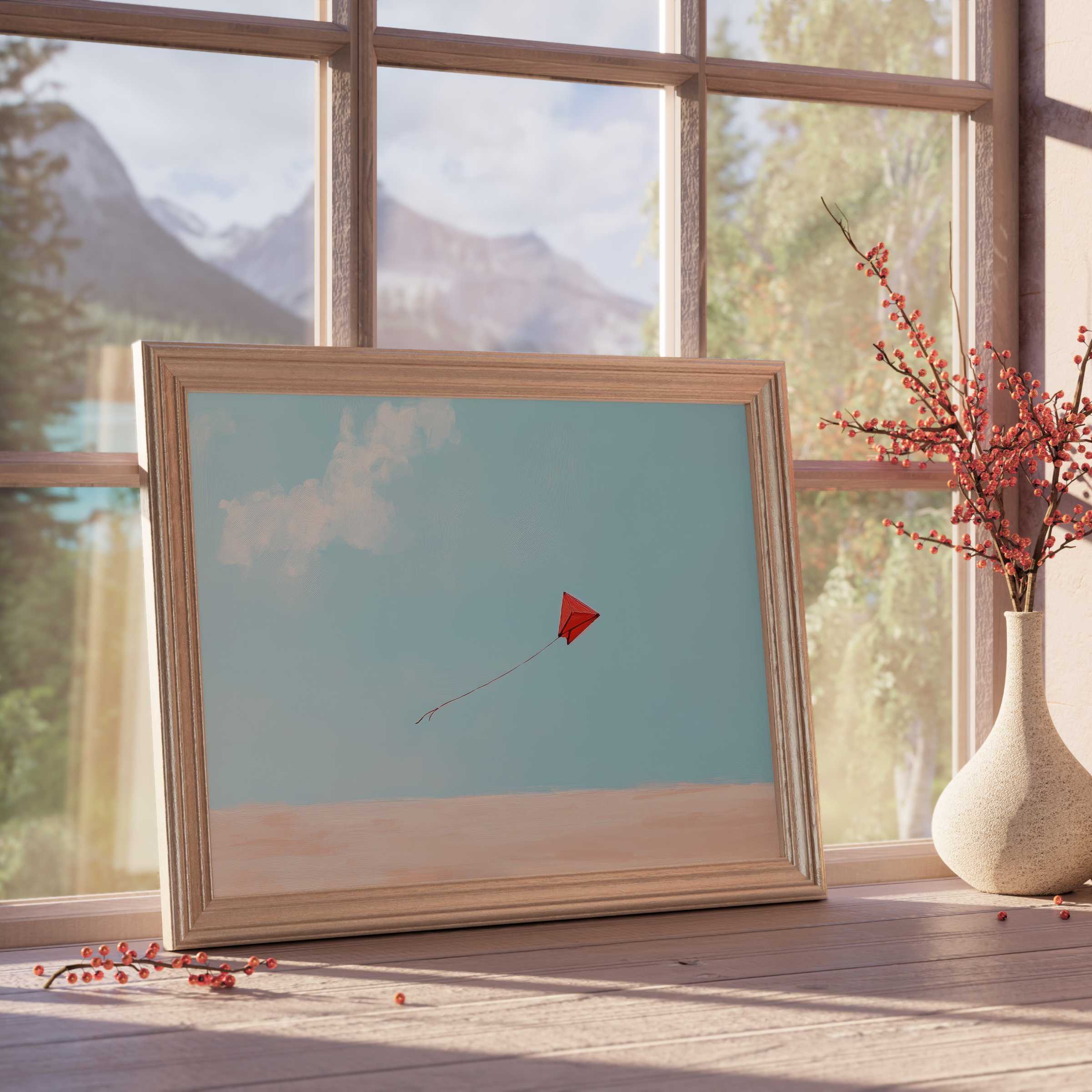 Minimalist downloadable art featuring a serene sky and vibrant red kite, elevating tranquil, design-forward interiors