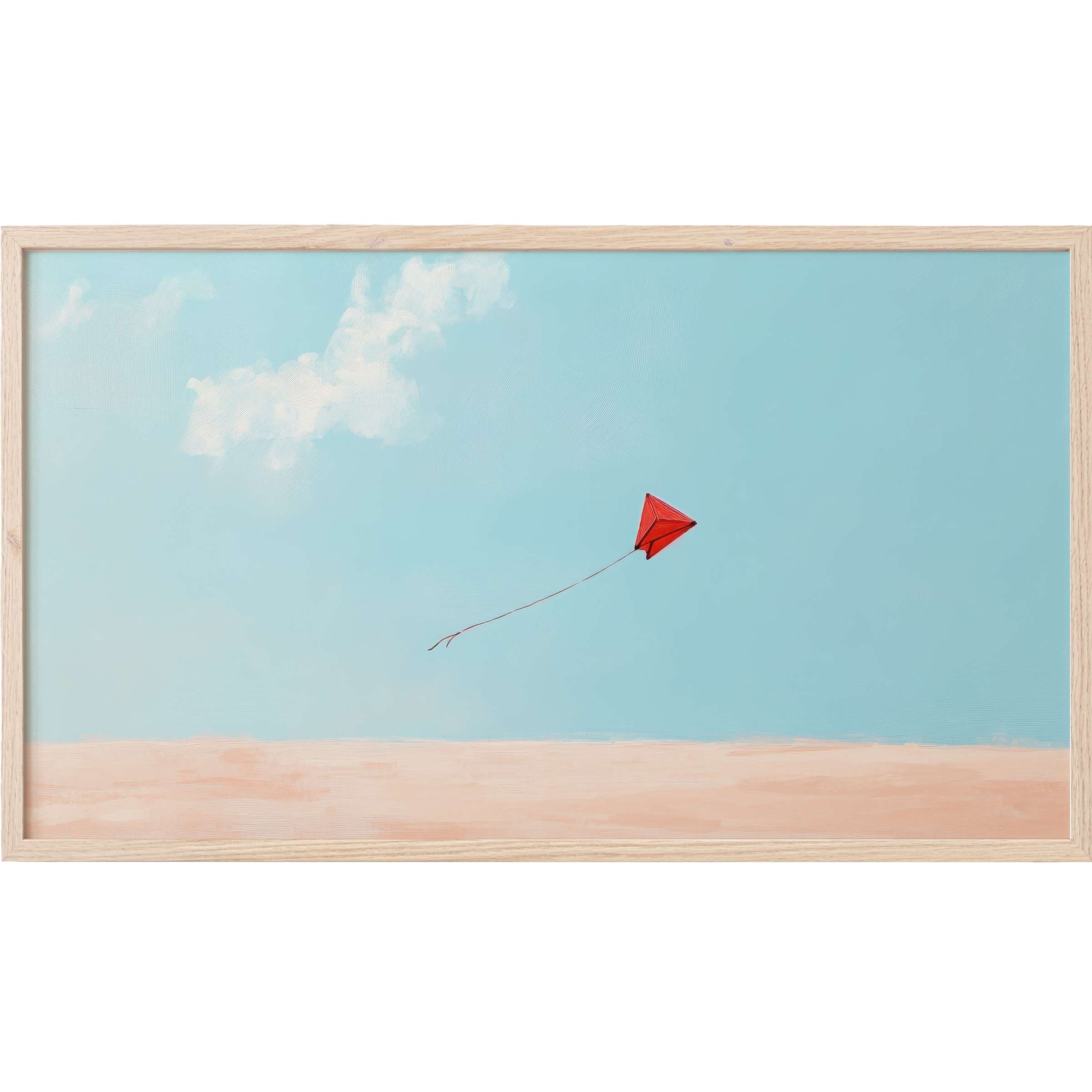 Minimalist Frame TV Art featuring a serene blue sky, soft clouds, and a vibrant red kite above a sandy horizon