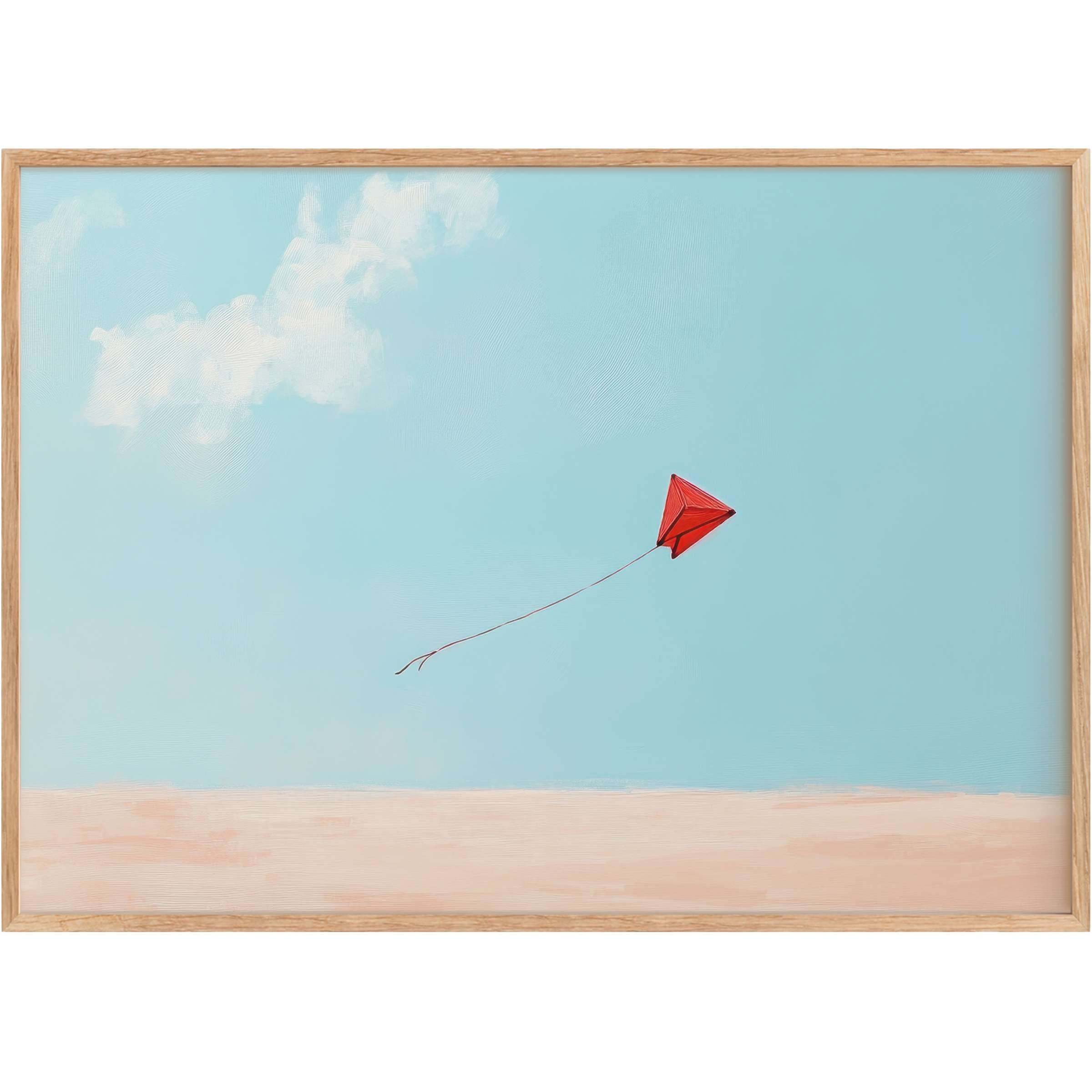 Minimalist printable wall art featuring a red kite soaring in a serene sky of soft blues and warm neutrals, evoking calm and freedom