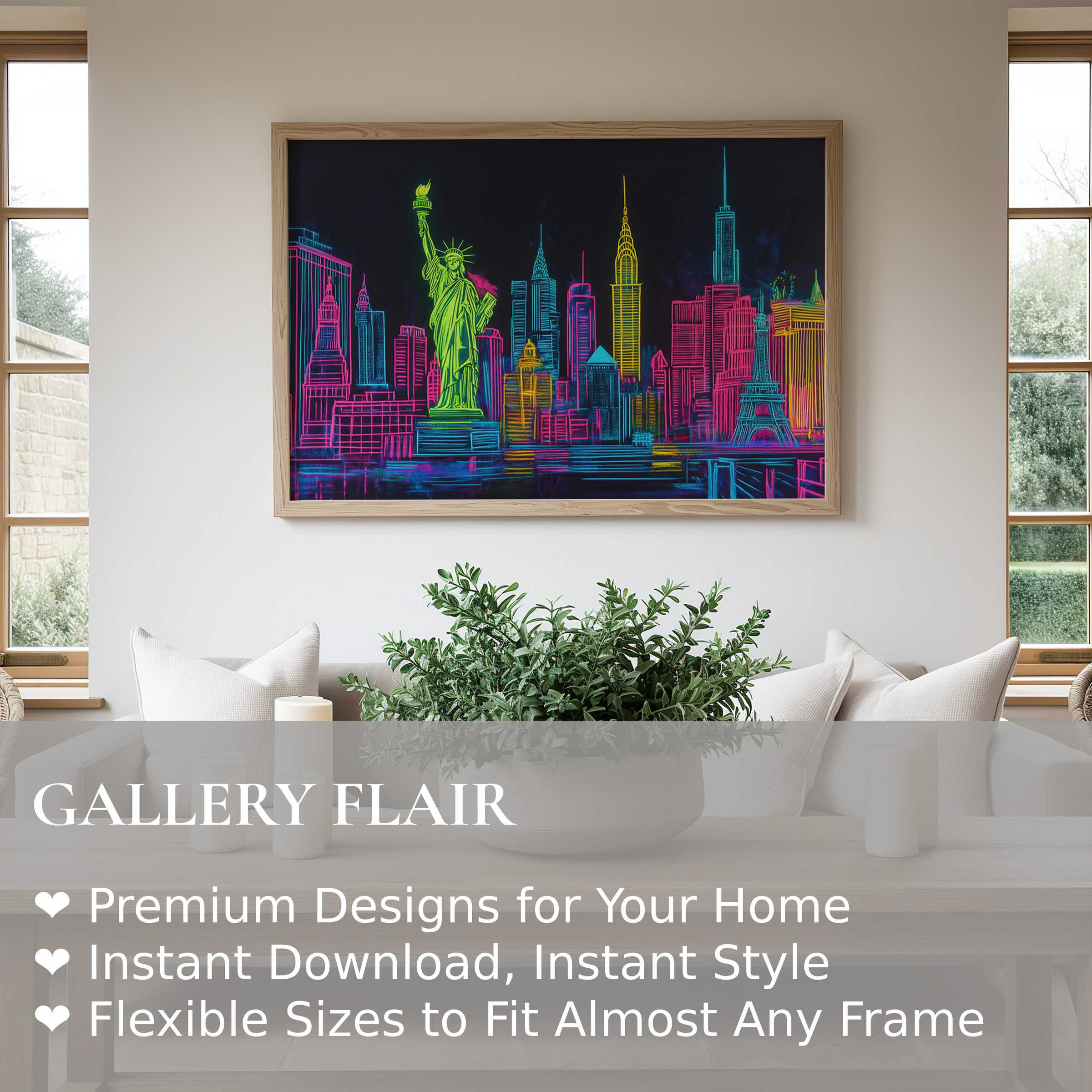 Vibrant pop art wall art print of iconic skylines lights up a serene, modern living room with bold neon hues and dynamic energy
