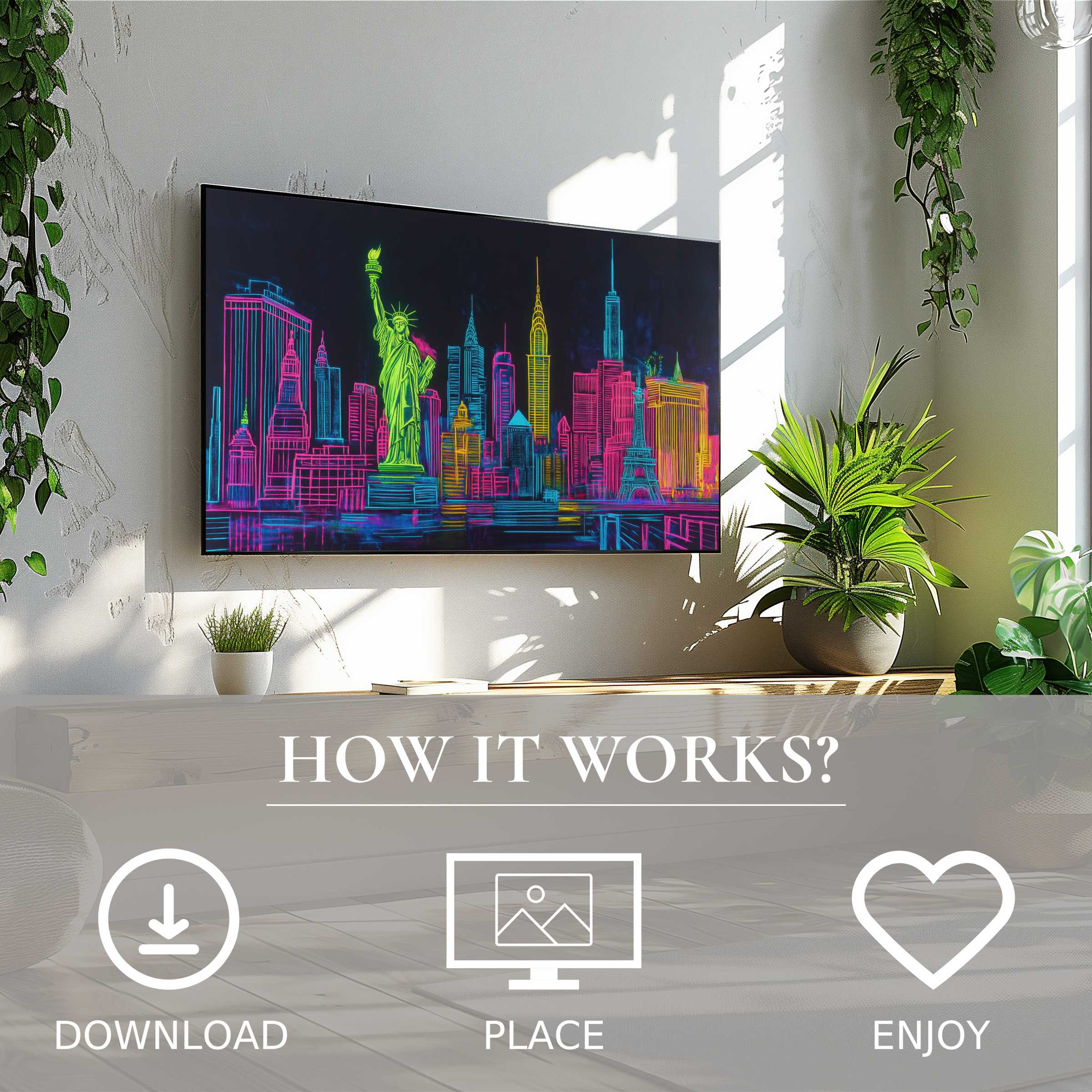 Pop art art for Samsung TV in bright cityscape colors, easy digital download enhances modern living spaces