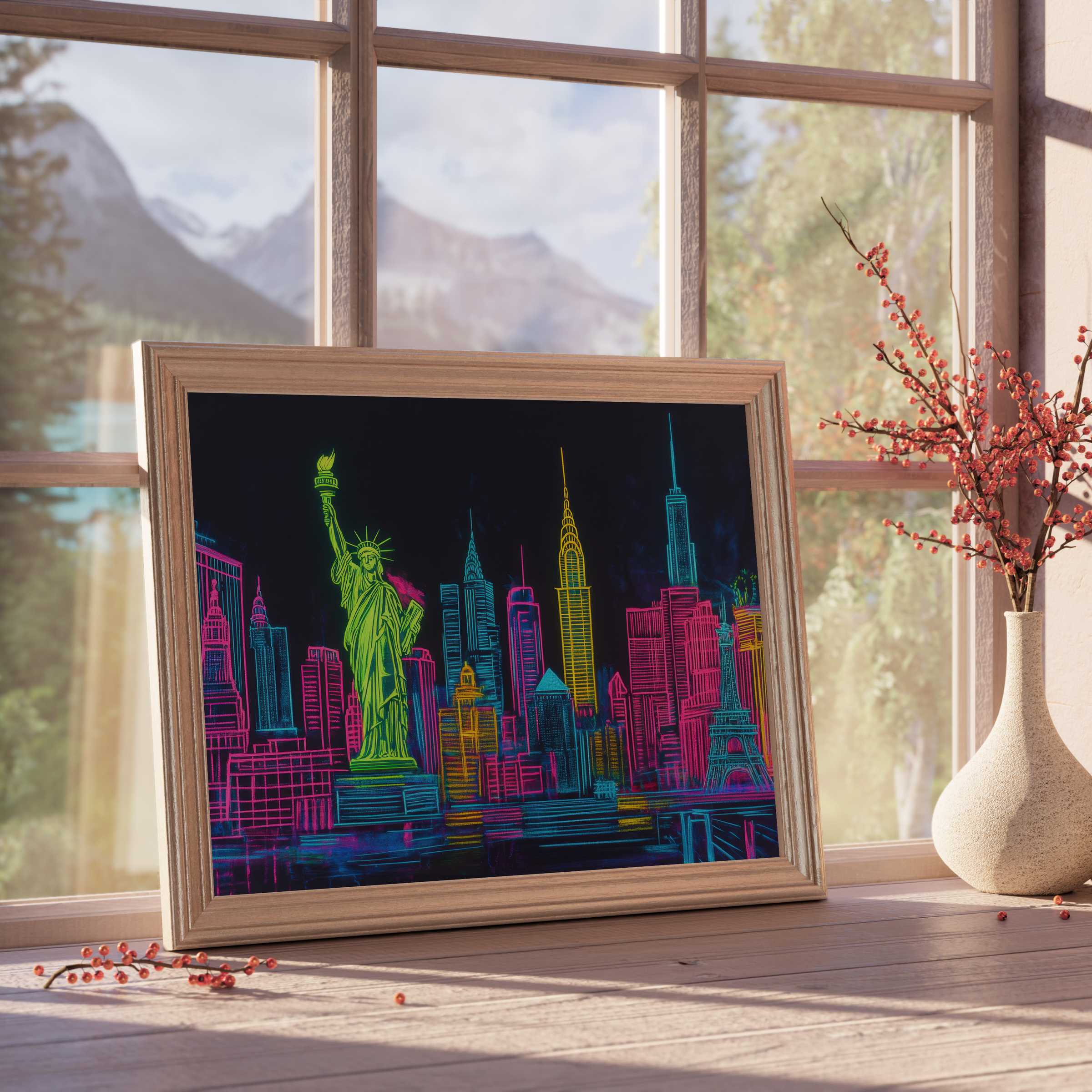Vibrant pop art downloadable art of iconic city skylines in neon hues, elevating curated, serene interiors with bold, stylish energy
