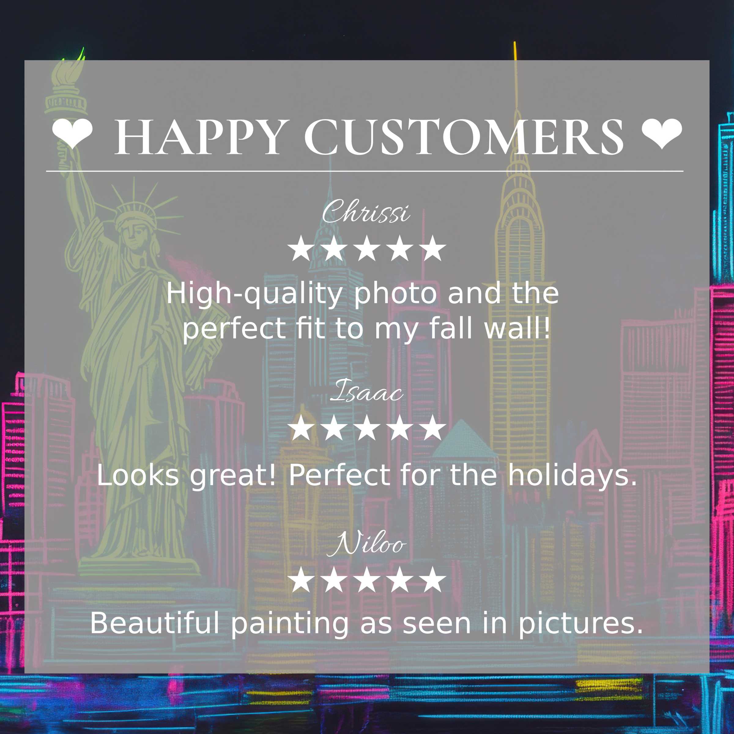 Pop art for Frame TV with neon cityscape background, showcasing happy customer reviews and elegant design trust