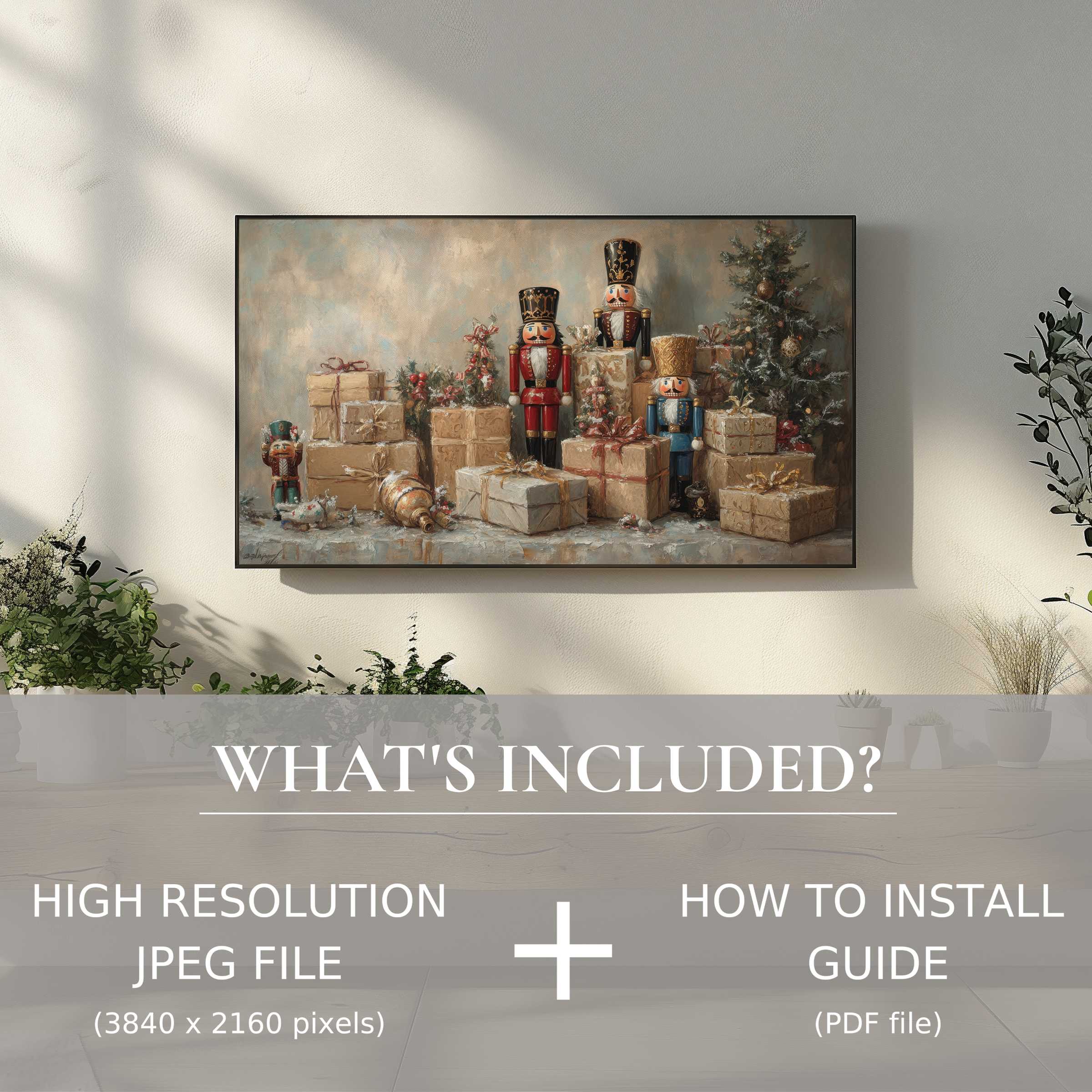 Elegant christmas digital TV art download with nutcracker scene, easy use enhancing modern living spaces beautifully