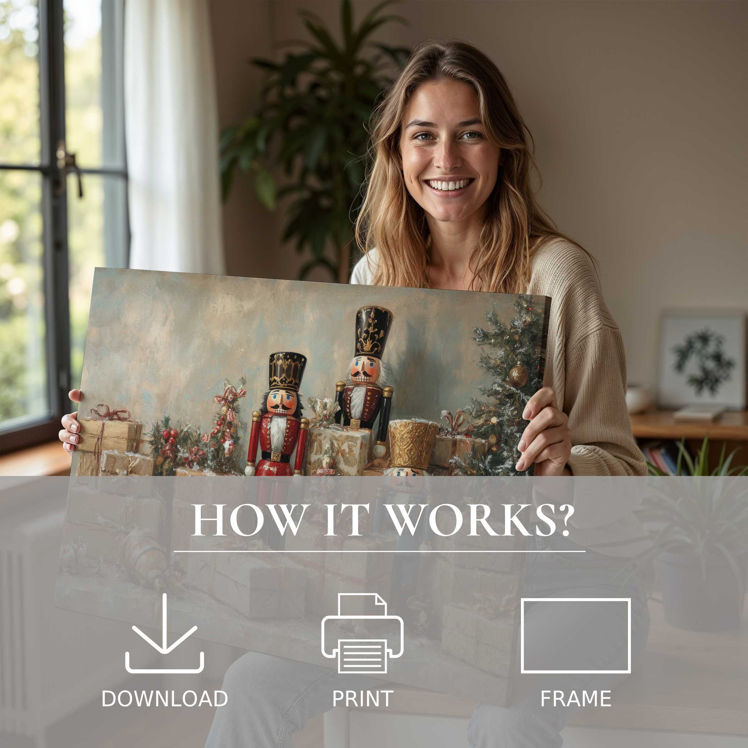 Elegant Christmas digital art print embraced in a serene modern home, inspiring joy through effortless living with art