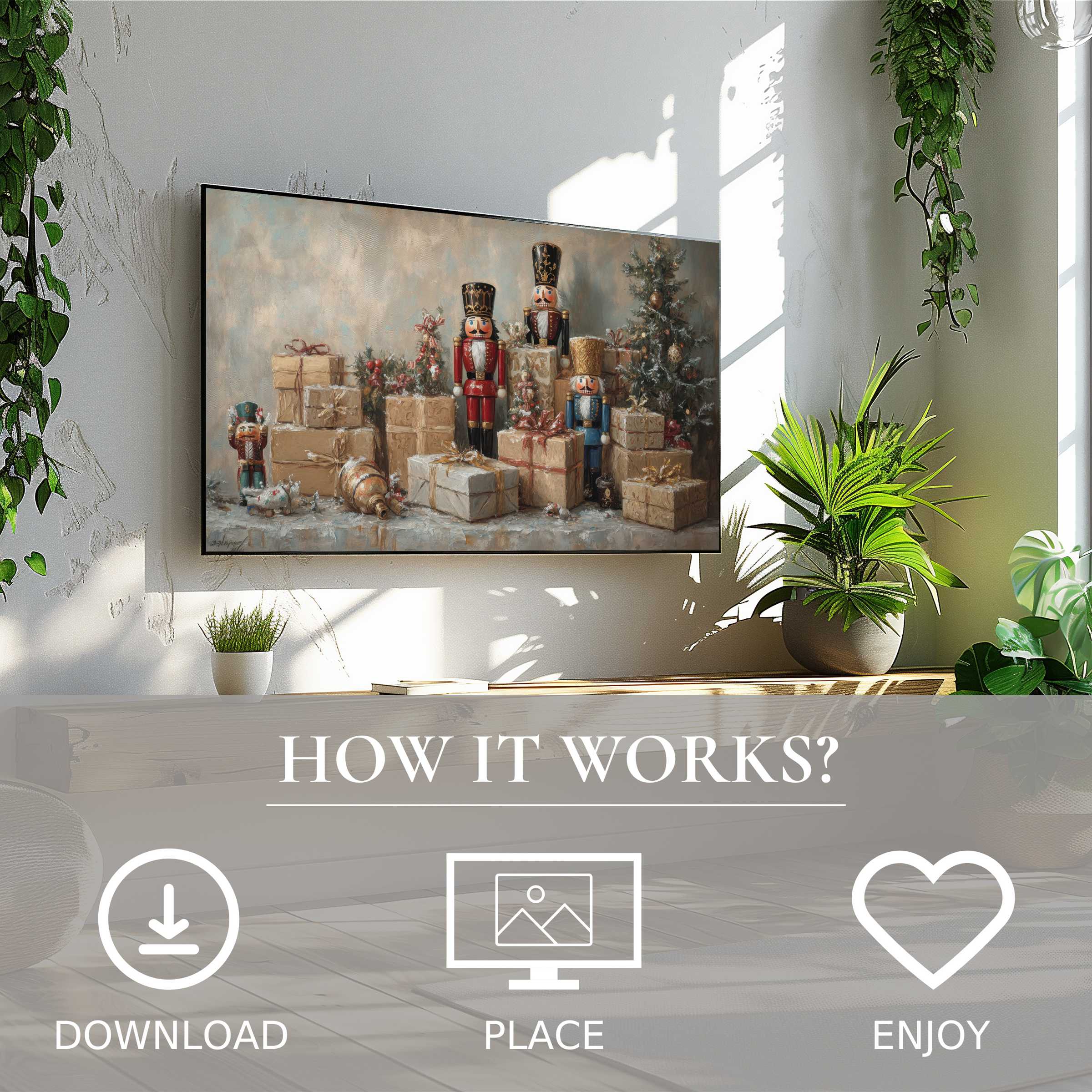 Christmas art for Samsung TV shows warm nutcracker scene in cozy room, easy digital download enriches stylish living space