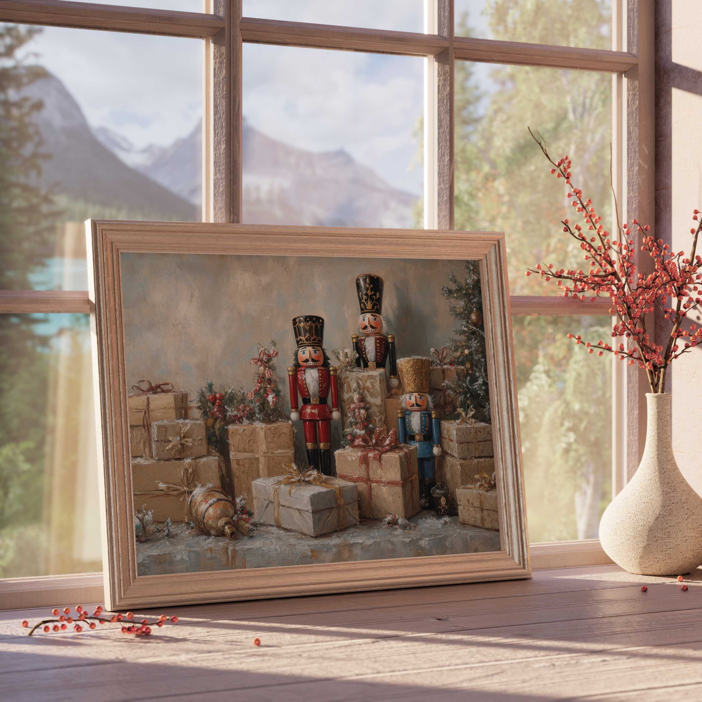 Christmas downloadable art featuring elegant nutcracker figures and rustic gift boxes, radiating warm, curated charm for sophisticated holiday interiors