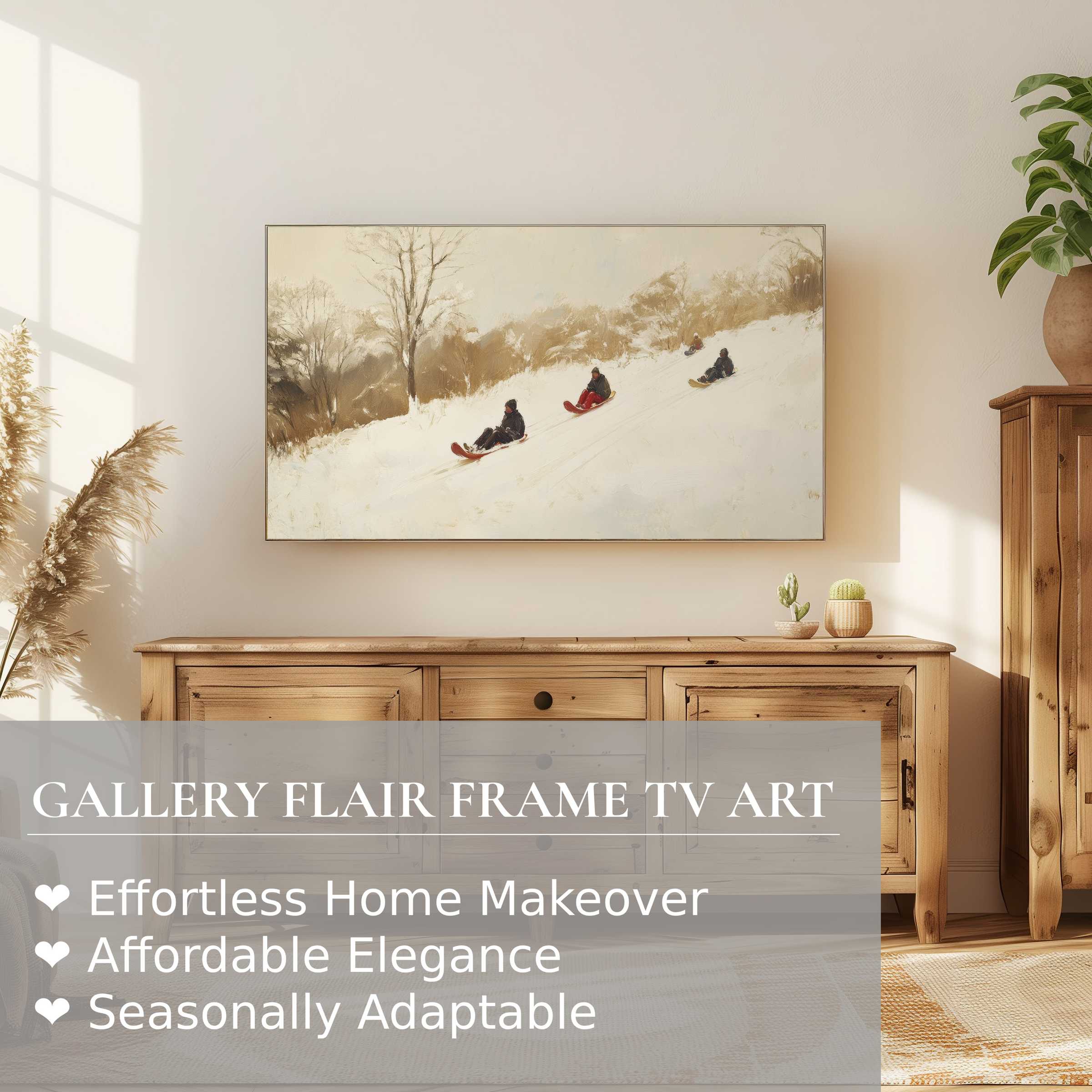 Samsung Frame TV displaying refined winter digital artwork of sledders in a cozy, elegant living space