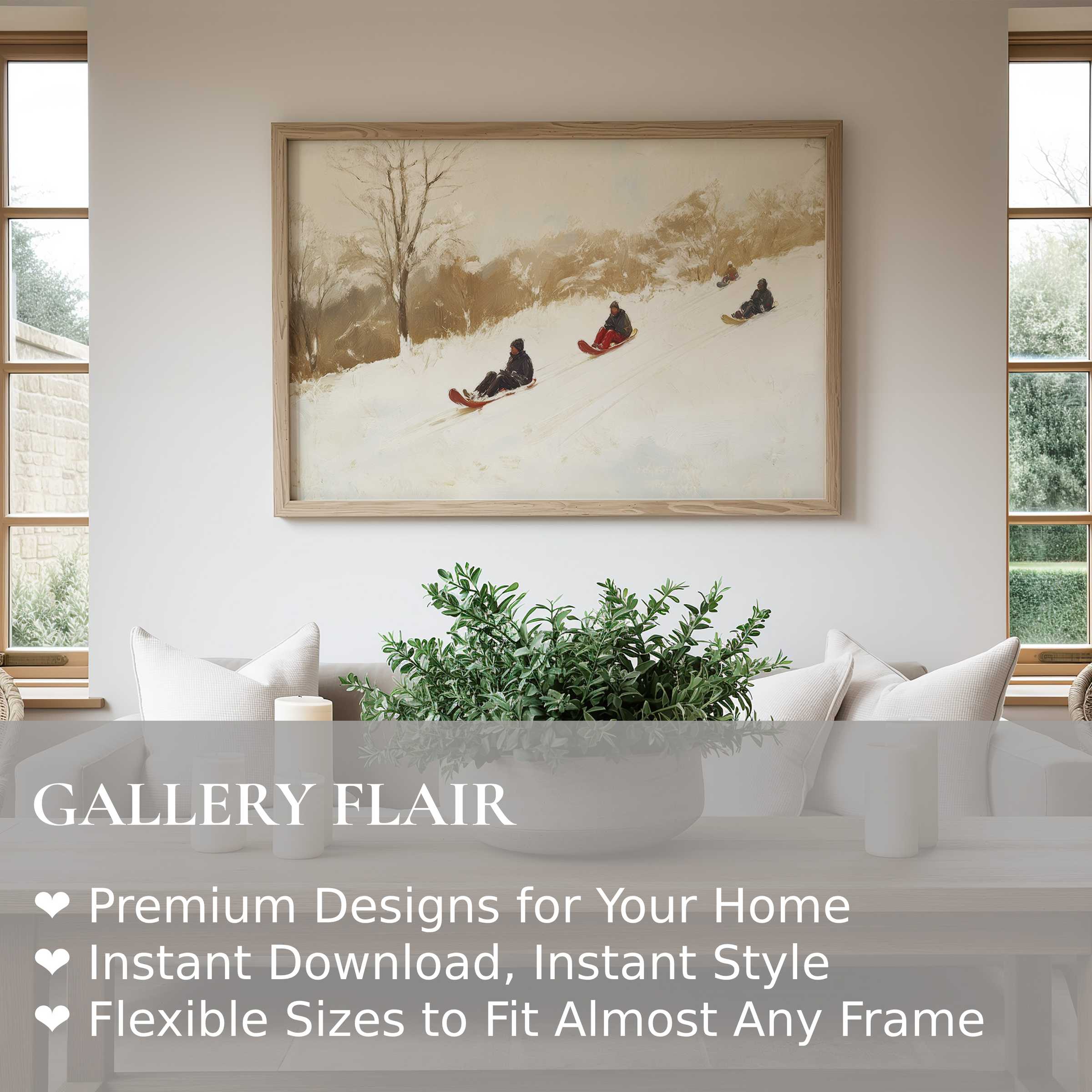 Winter wall art print featuring serene sledding figures in a soft, neutral palette, enhancing minimalist, cozy living spaces with tranquil charm