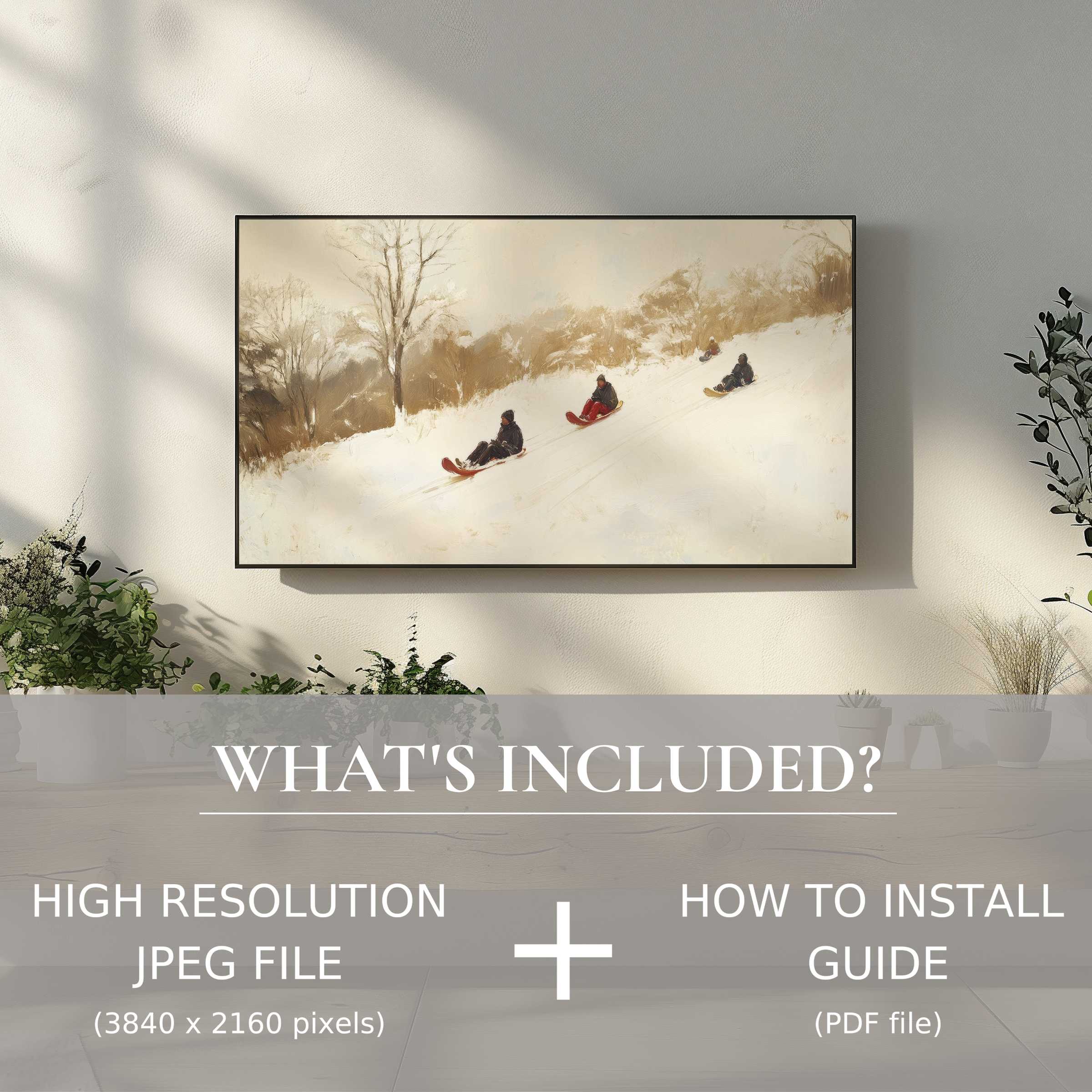 Winter digital TV art download showcasing serene sledding scene, elevating modern living spaces with effortless digital style