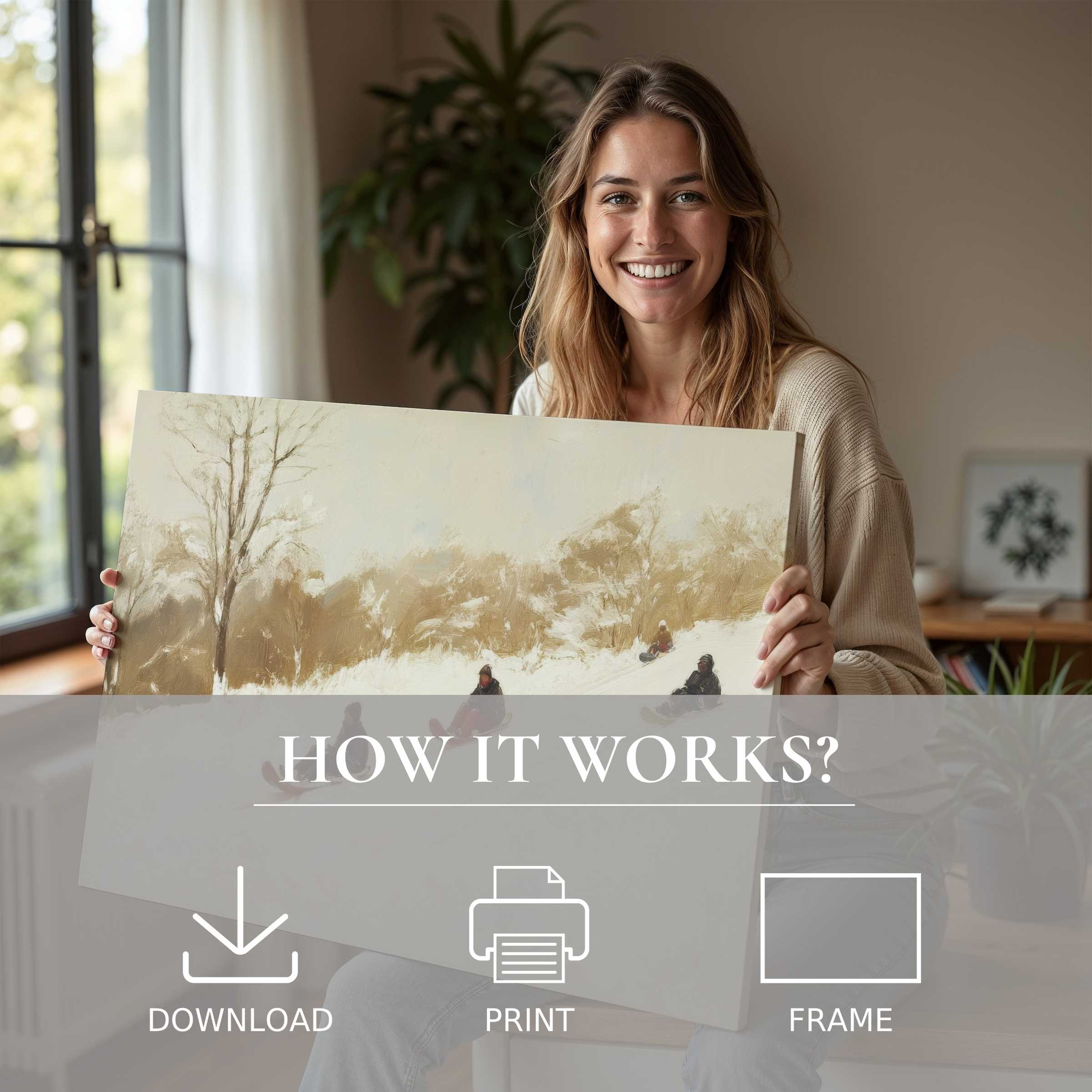 Woman joyfully embracing a winter digital art print in a sunlit modern home, evoking warmth, connection, and effortless style