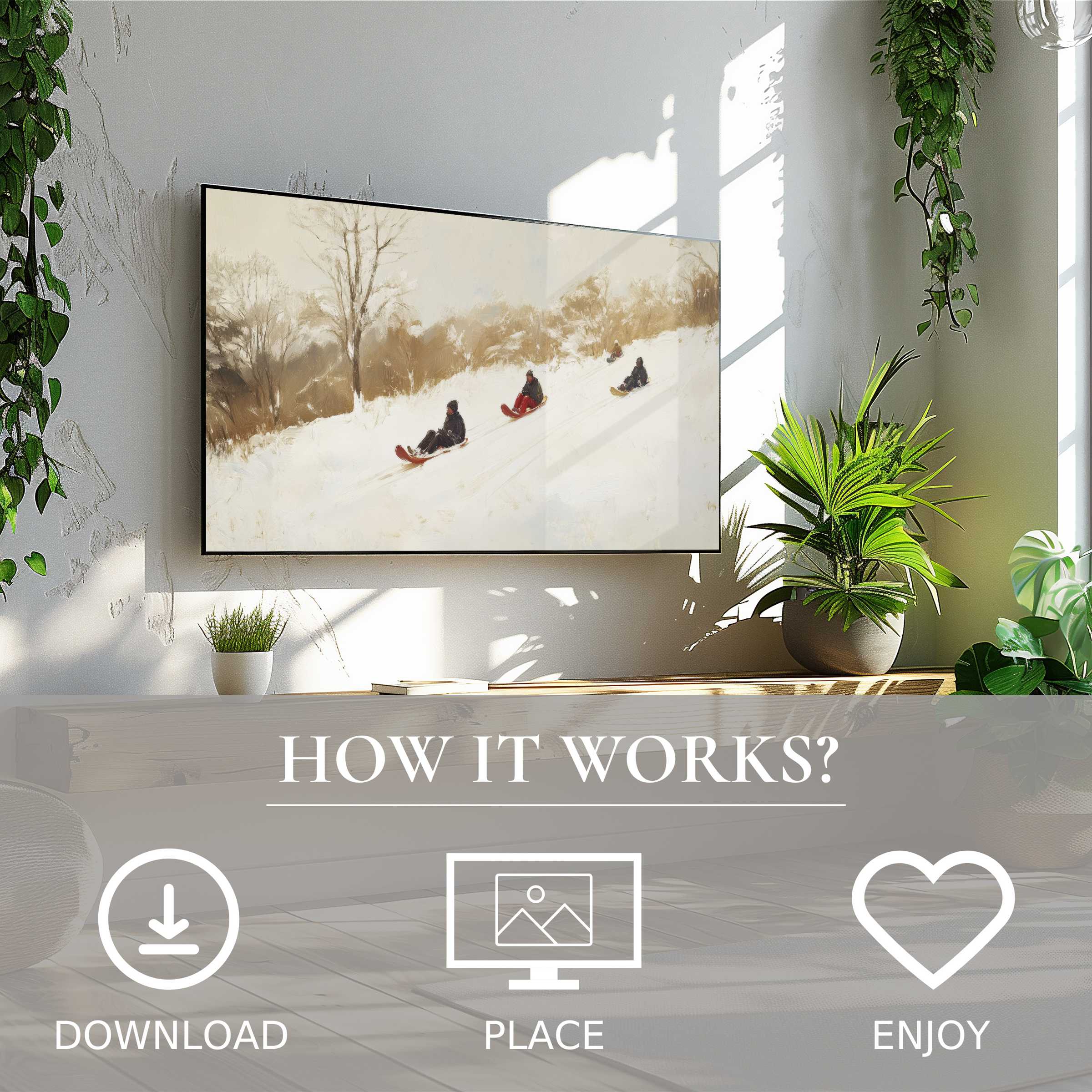 Winter art for Samsung TV: serene sledding scene in soft tones, easy digital download enriches modern living spaces