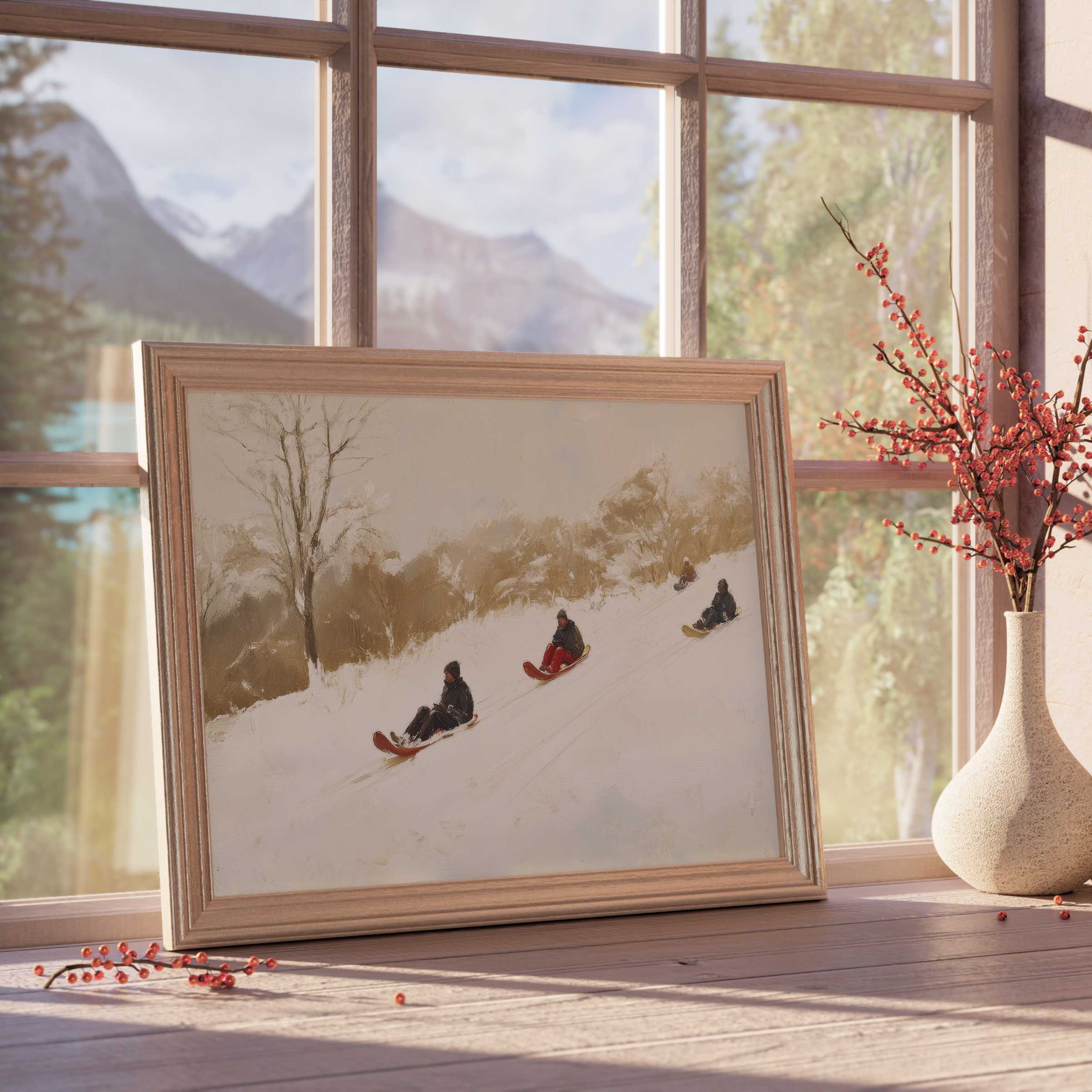 Winter downloadable art of serene sledding scene, evoking tranquil calm and curated charm for elegant, nature-inspired interiors