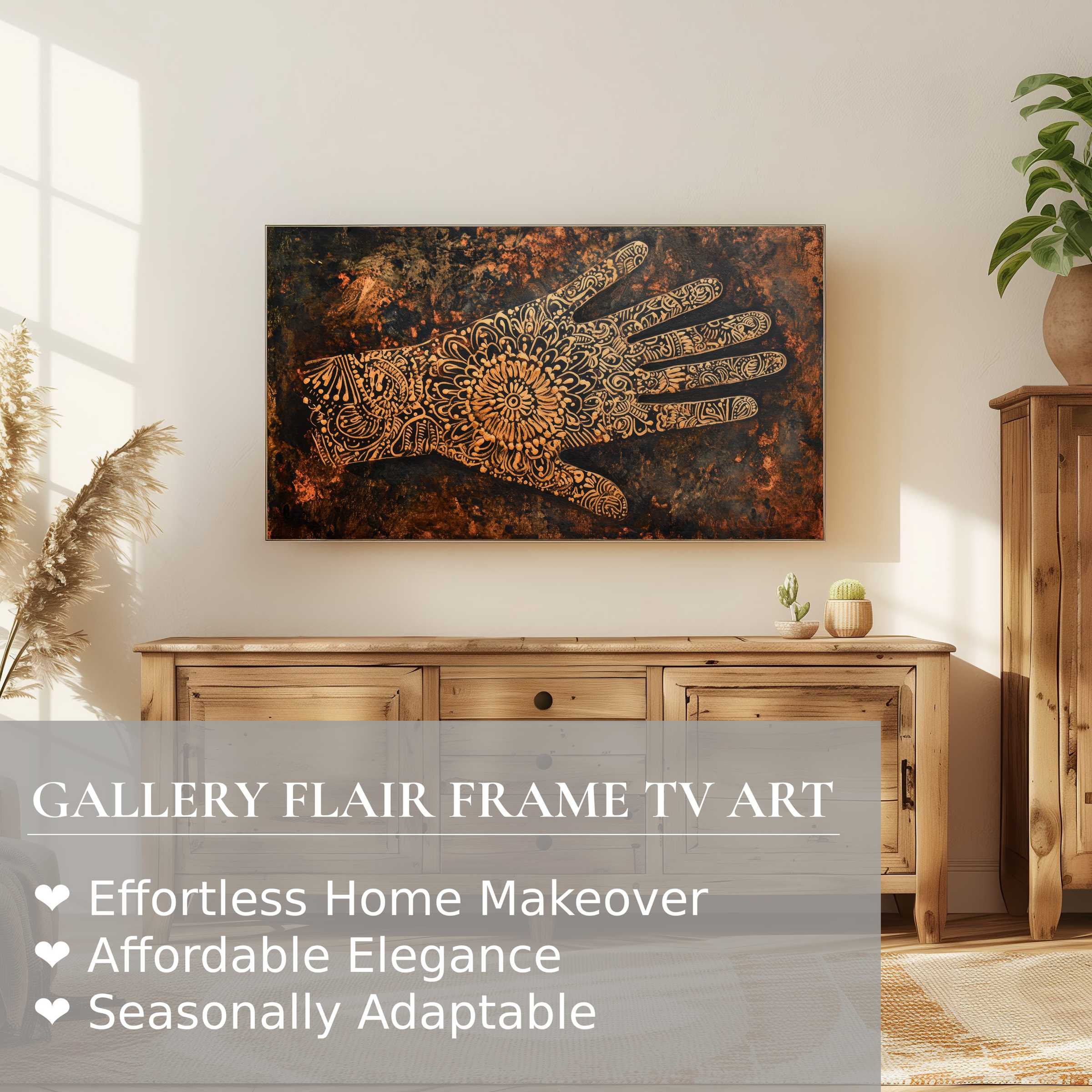 Samsung Frame TV showcasing a boho digital artwork of an ornate hand in a warm, elegant living space