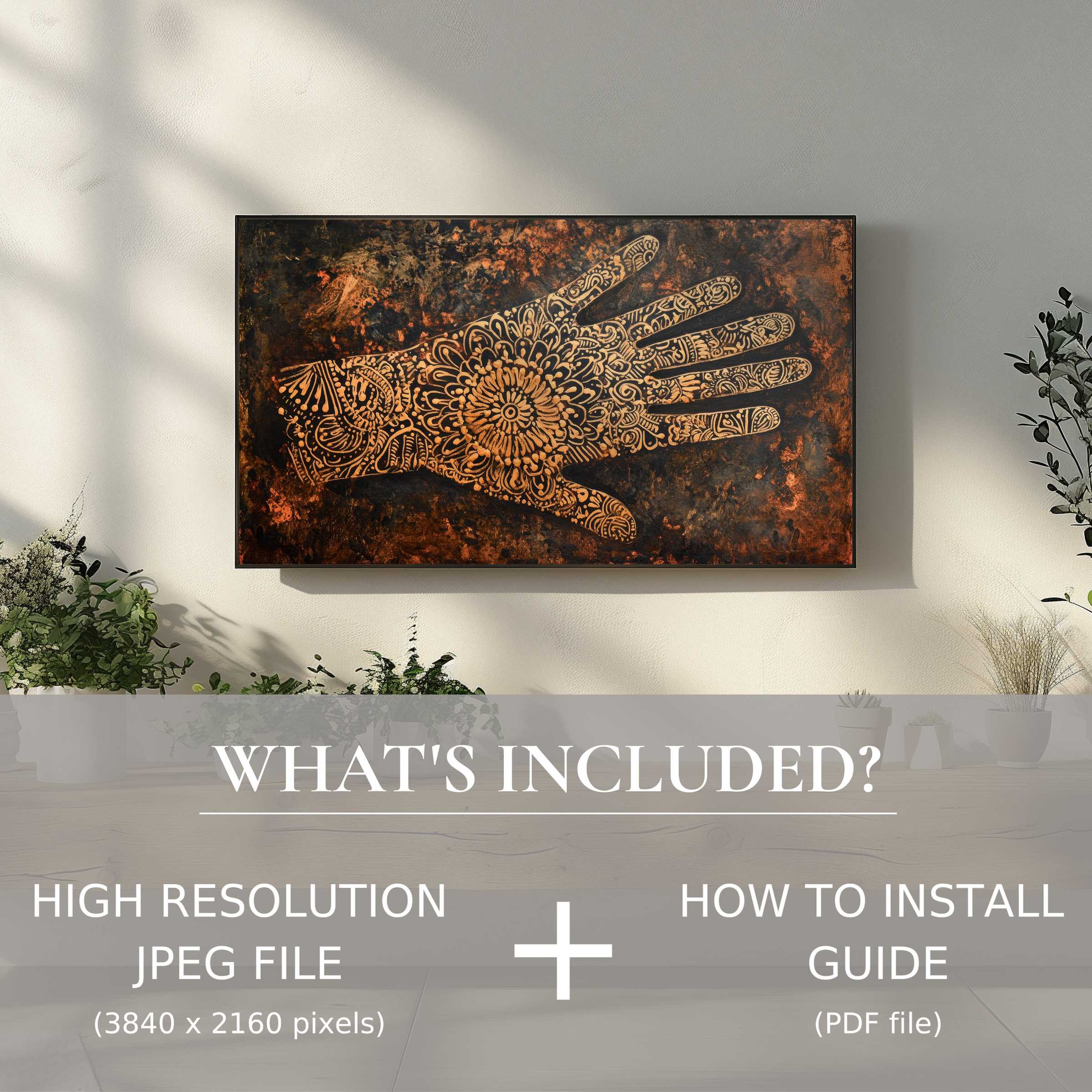 Elegant boho digital TV art download enriches styled living spaces with easy digital use and intricate hand design