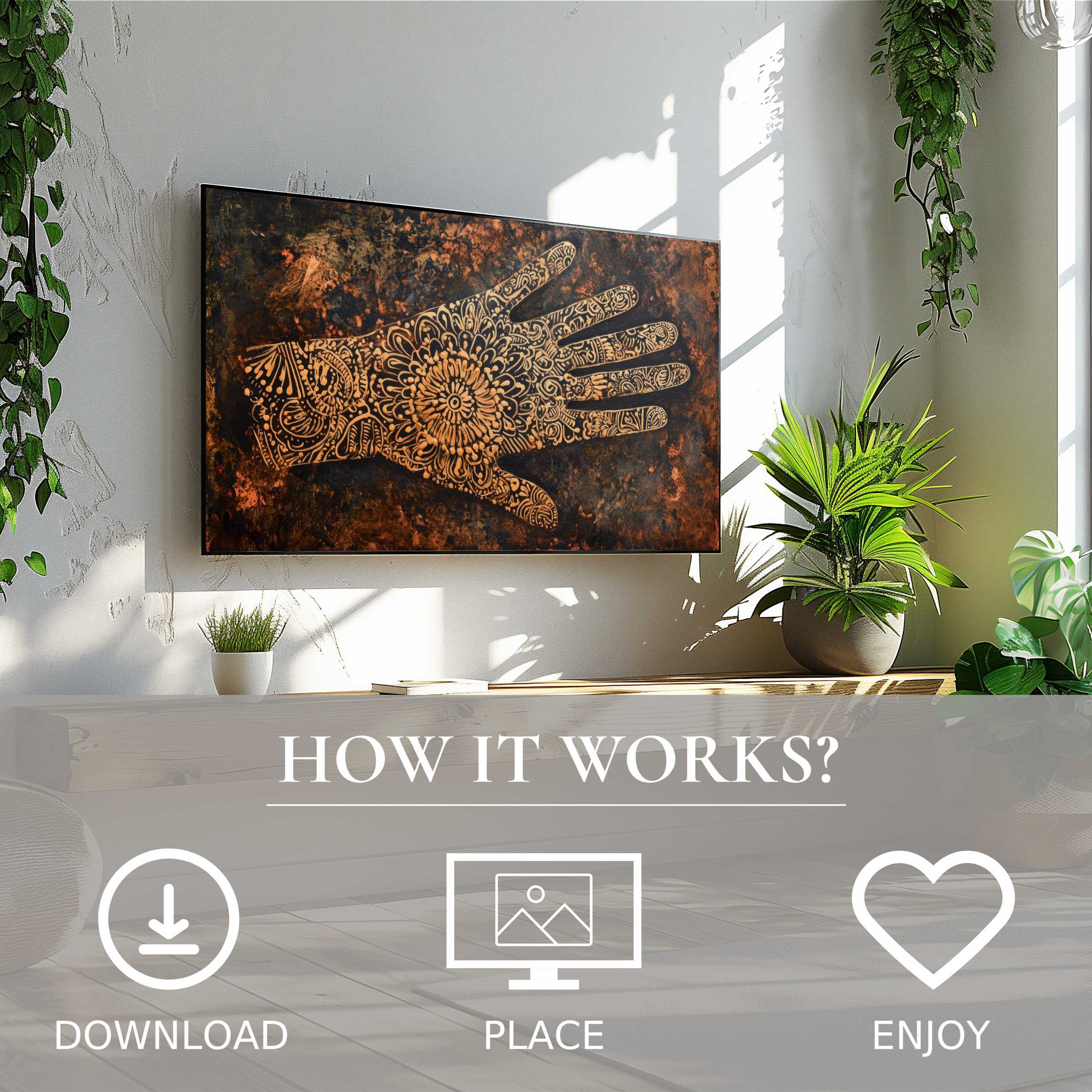 Boho art for Samsung TV with intricate hand motif in warm rust tones, easy digital download enhances living spaces