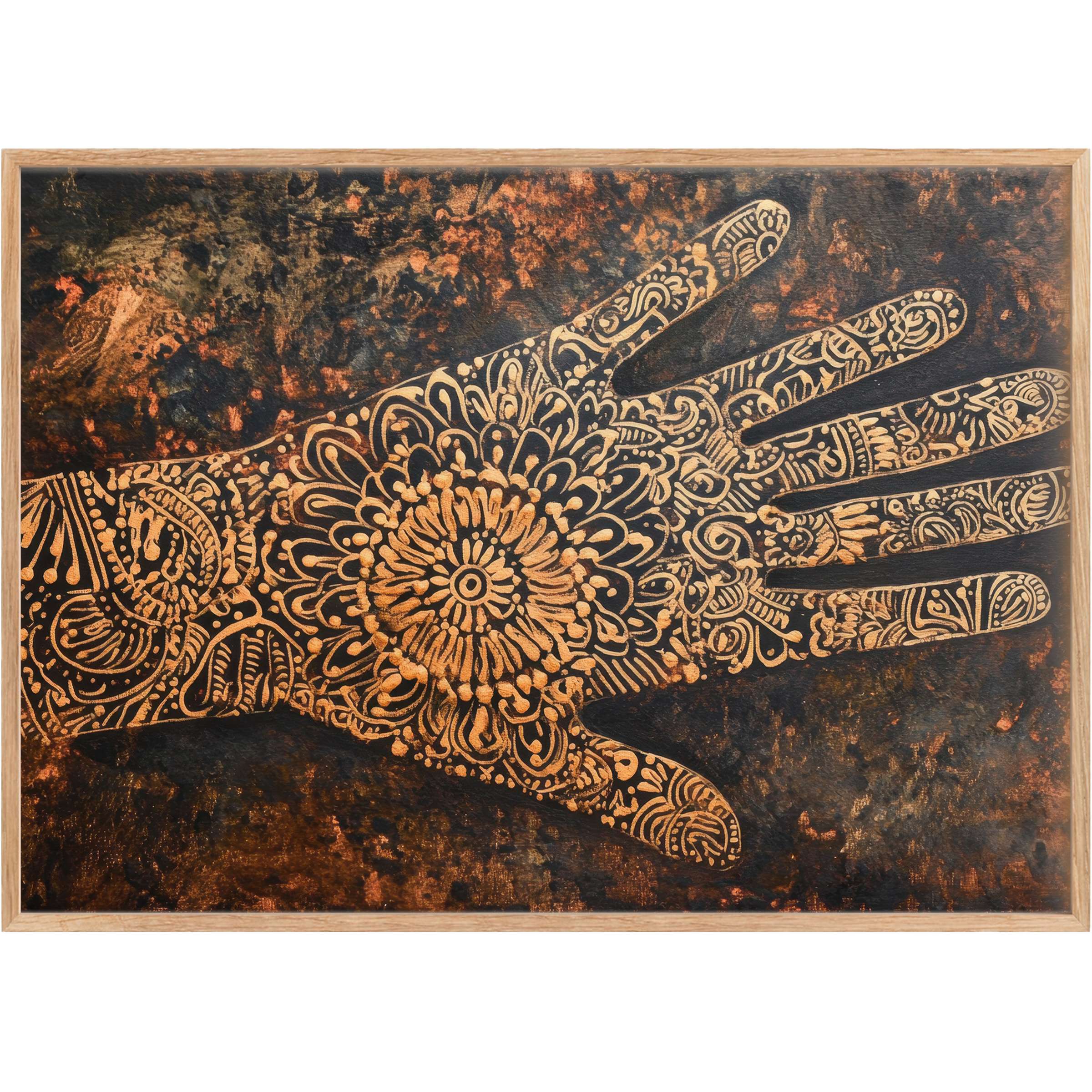 Intricate boho printable wall art featuring a graceful hand motif in warm gold and deep obsidian tones, evoking a radiant, earthy elegance