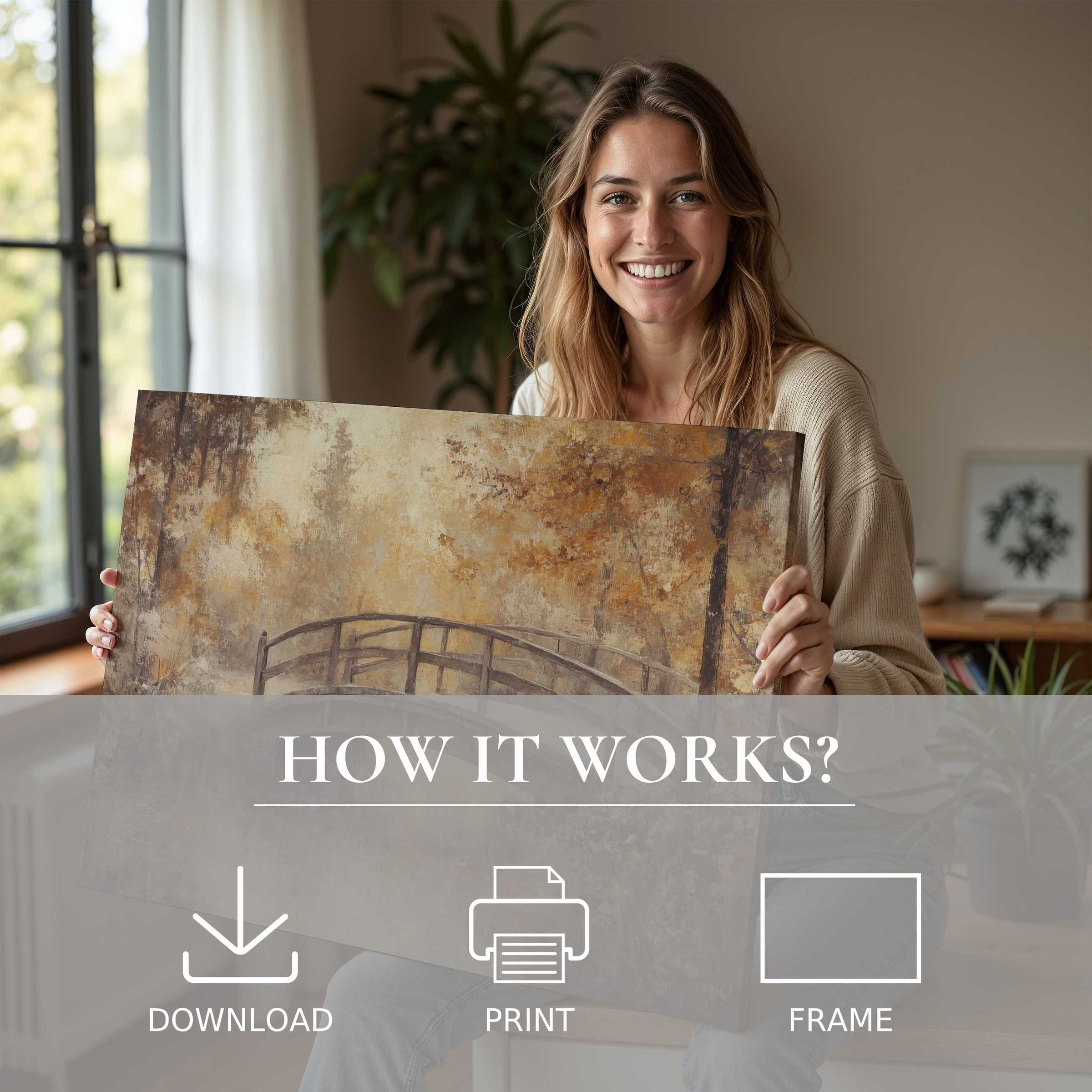 A woman radiates joy in a modern living space, embracing the warmth of fall digital art print, enriching her home