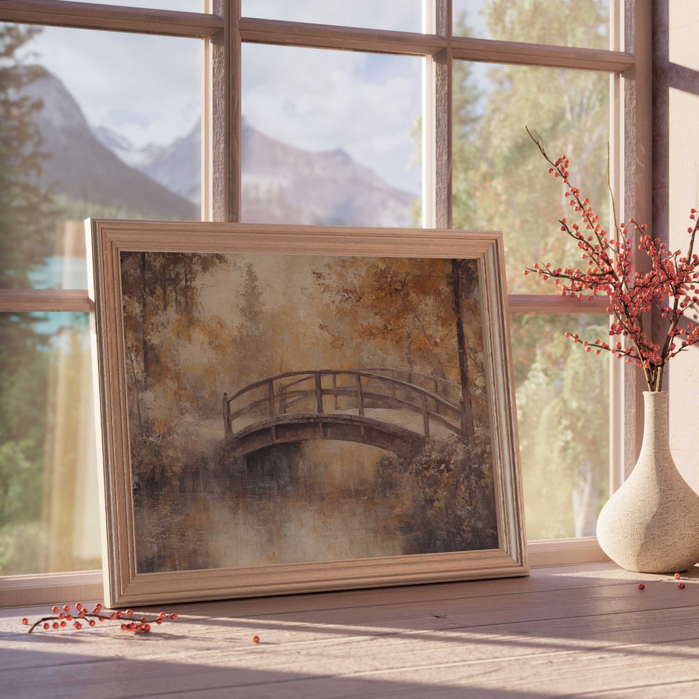 Fall downloadable art of serene autumn bridge scene, framed in soft wood, infusing tranquil warmth and rustic charm into curated interiors