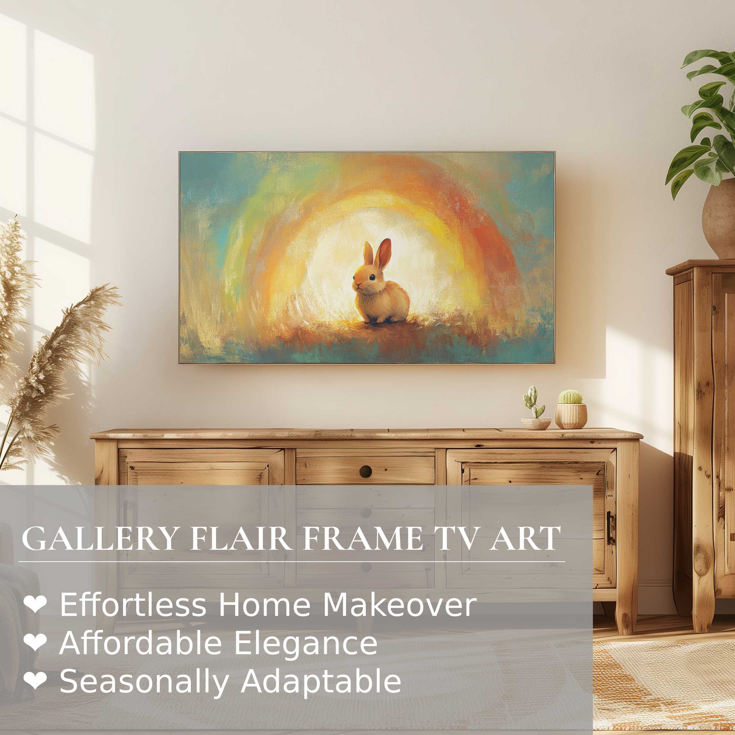 Elegant, warm easter digital artwork of a bunny on Samsung Frame TV in a modern, natural wood living space