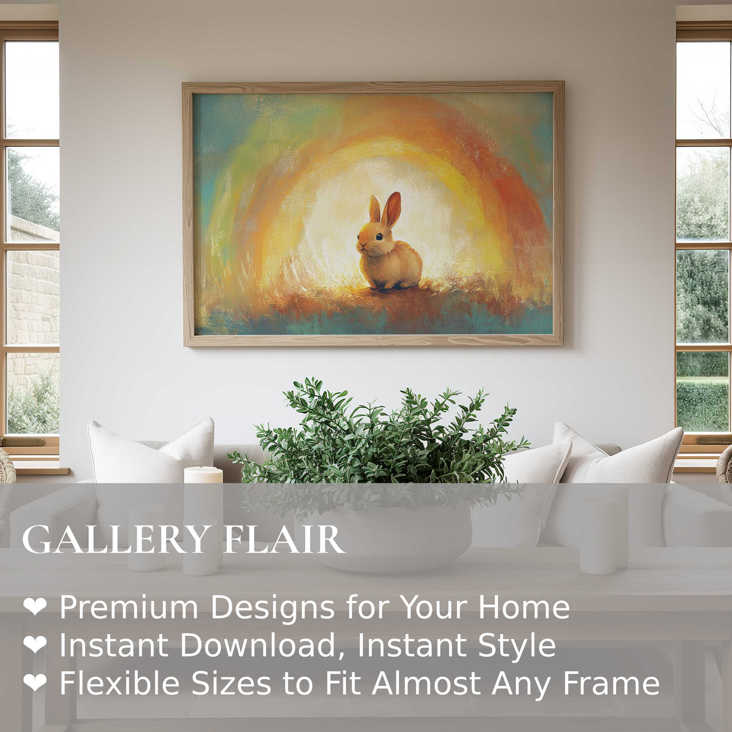 Radiant easter wall art print featuring a warm, glowing bunny; elevates modern, minimalist interiors with soft, enchanting charm