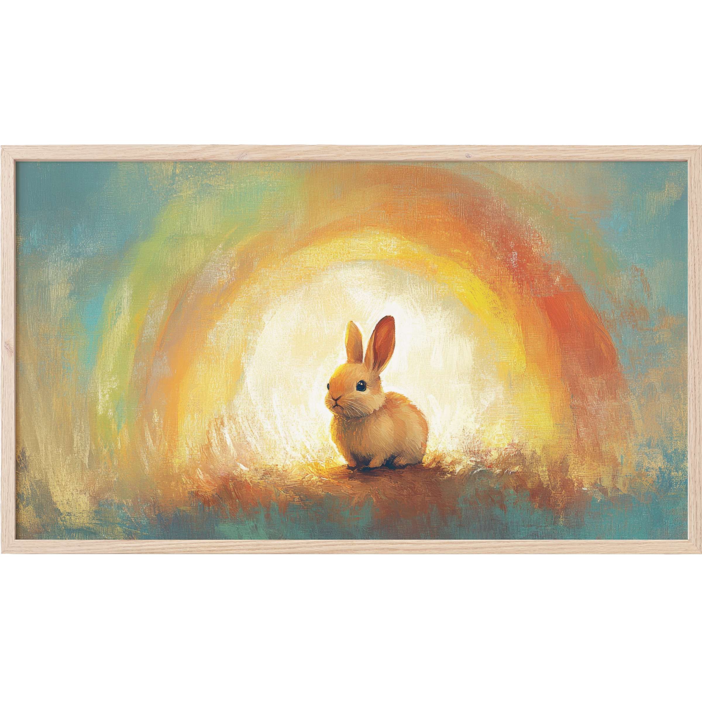easter Frame TV Art of a soft brown bunny bathed in radiant warm light with painterly hues of orange and teal