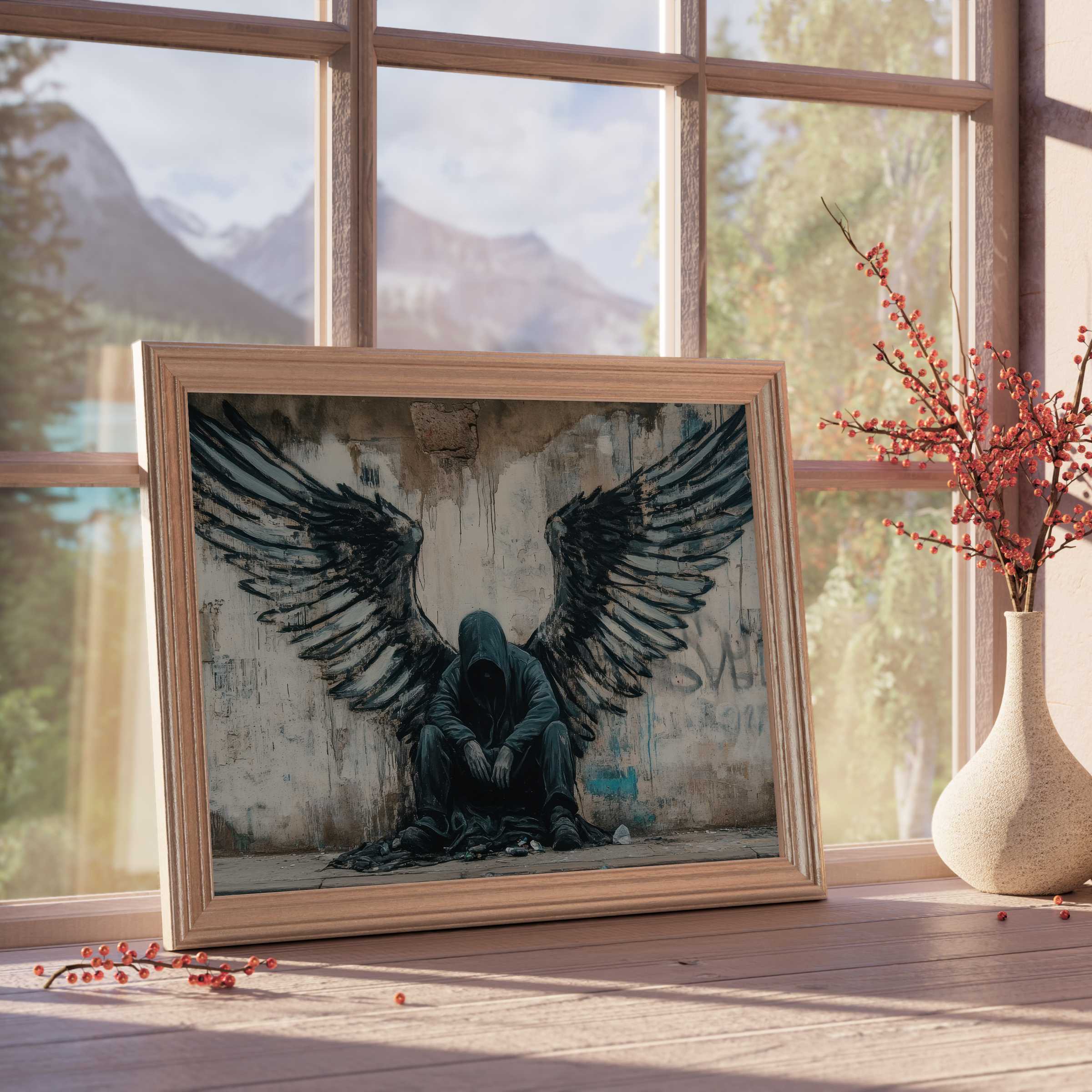Street art downloadable art featuring a contemplative figure with angel wings, adding raw, urban edge to curated, tranquil living spaces
