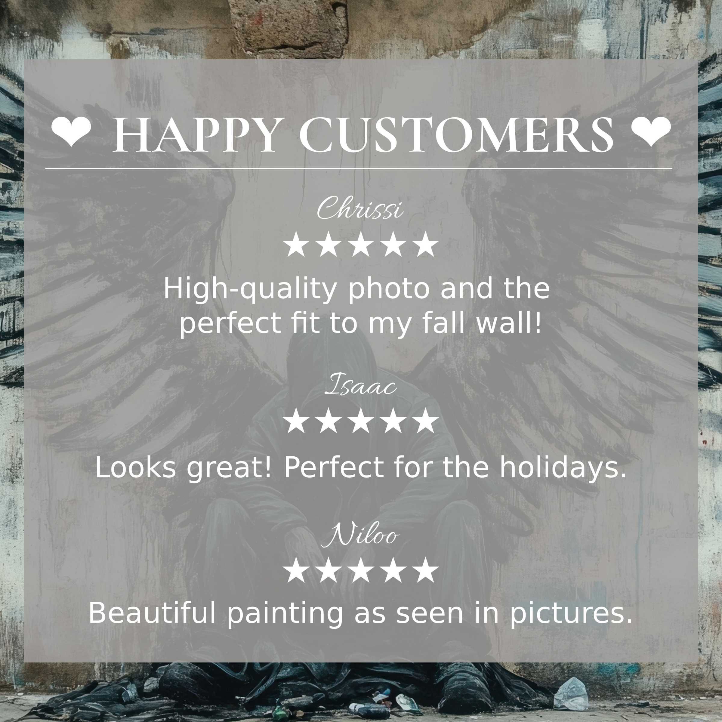 Street art for Frame TV: abstract wings backdrop, happy customer reviews enhance trust and elegant product appeal