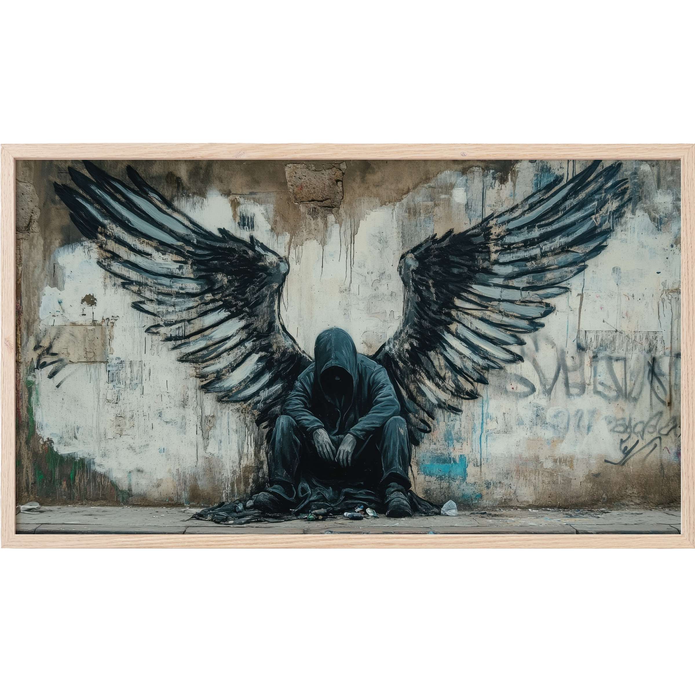 Moody street art Frame TV Art showing a hooded figure with dark wings in muted grays and blues on worn wall