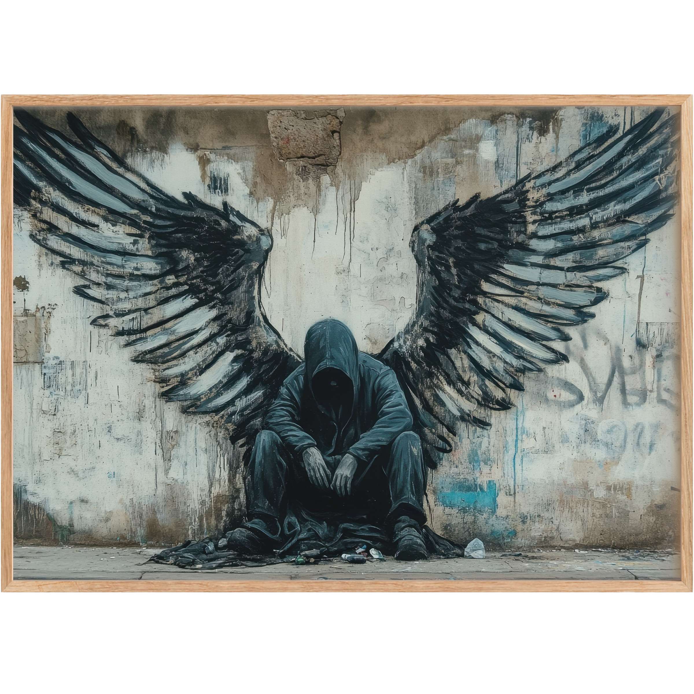 Moody street art printable wall art featuring a shadowed figure with expansive black wings, evoking bold resilience and urban grit