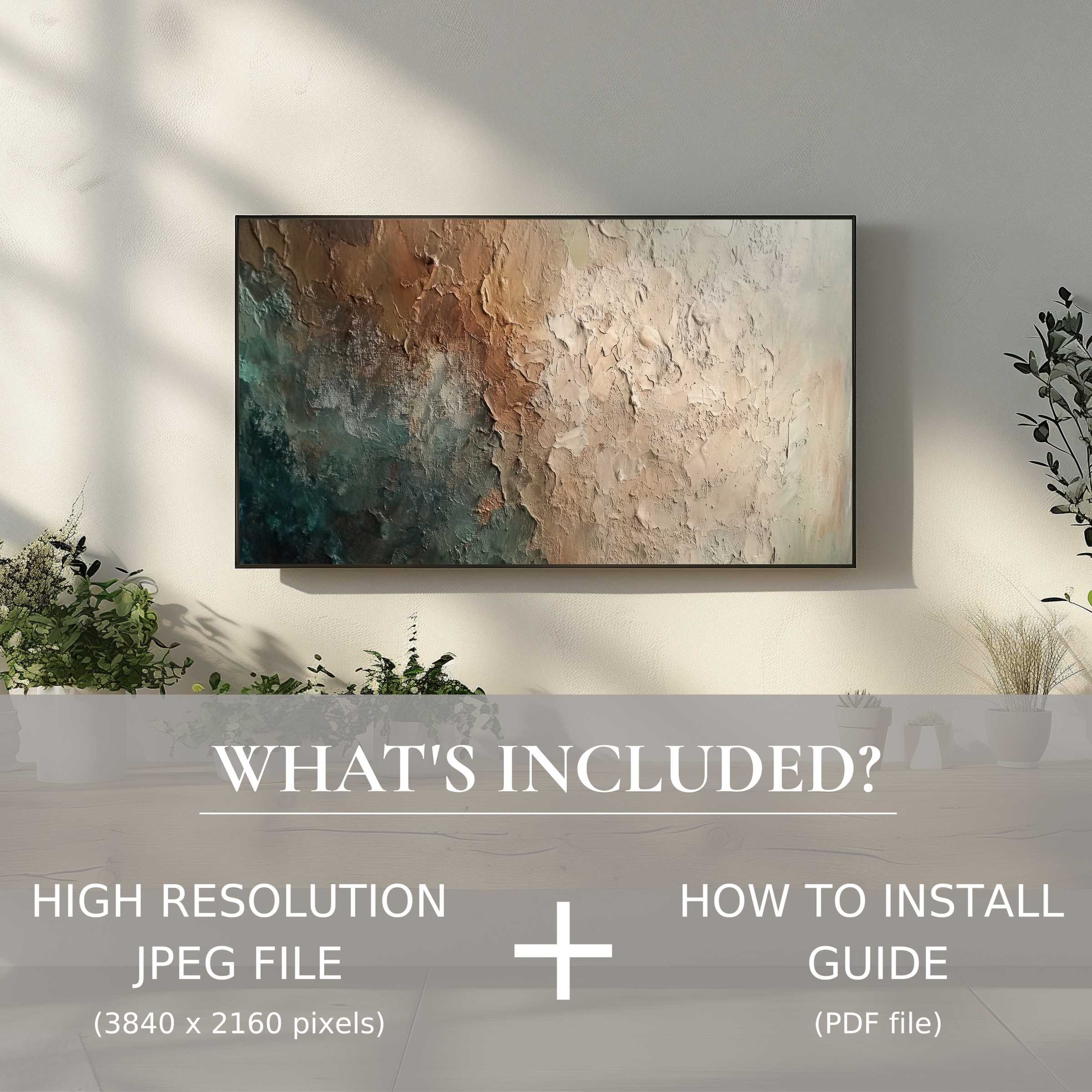 Elegant living room with abstract digital TV art download, enhancing space via easy digital use and style