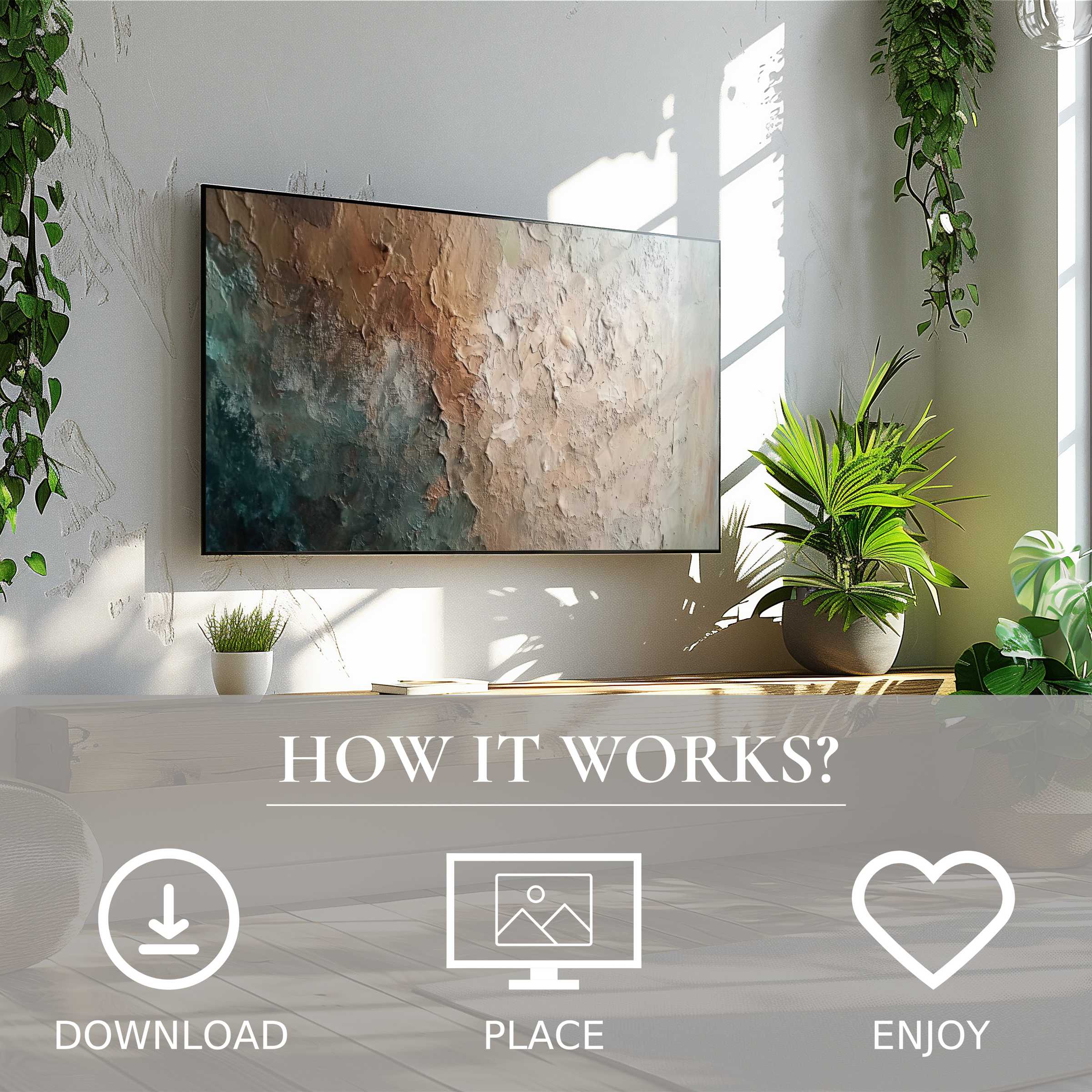 Abstract art for Samsung TV with earthy tones and texture flow, easy digital download to elevate modern living spaces