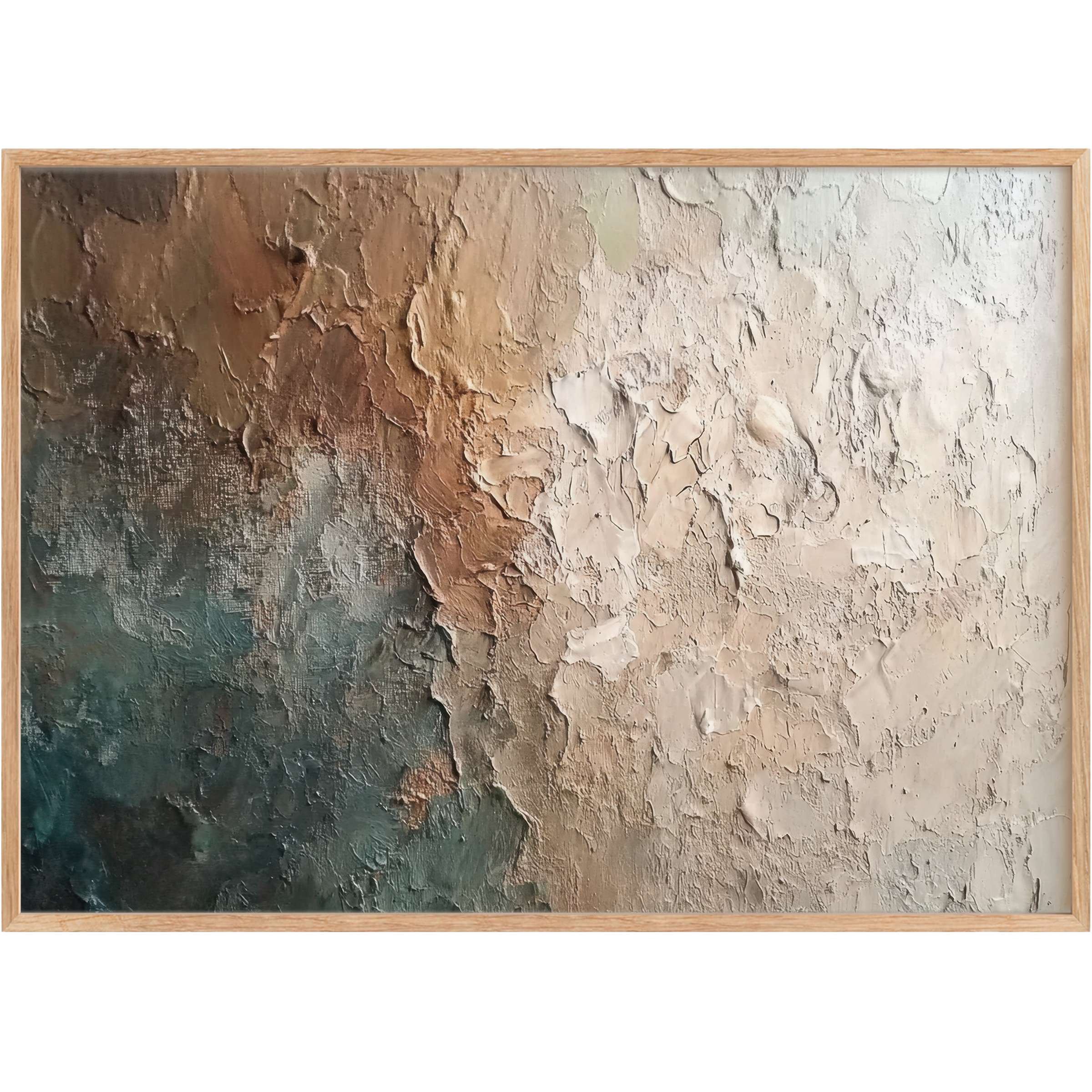 Earth-toned abstract printable wall art with textured layers blending warm taupe, soft cream, and muted teal for a serene, tactile ambiance